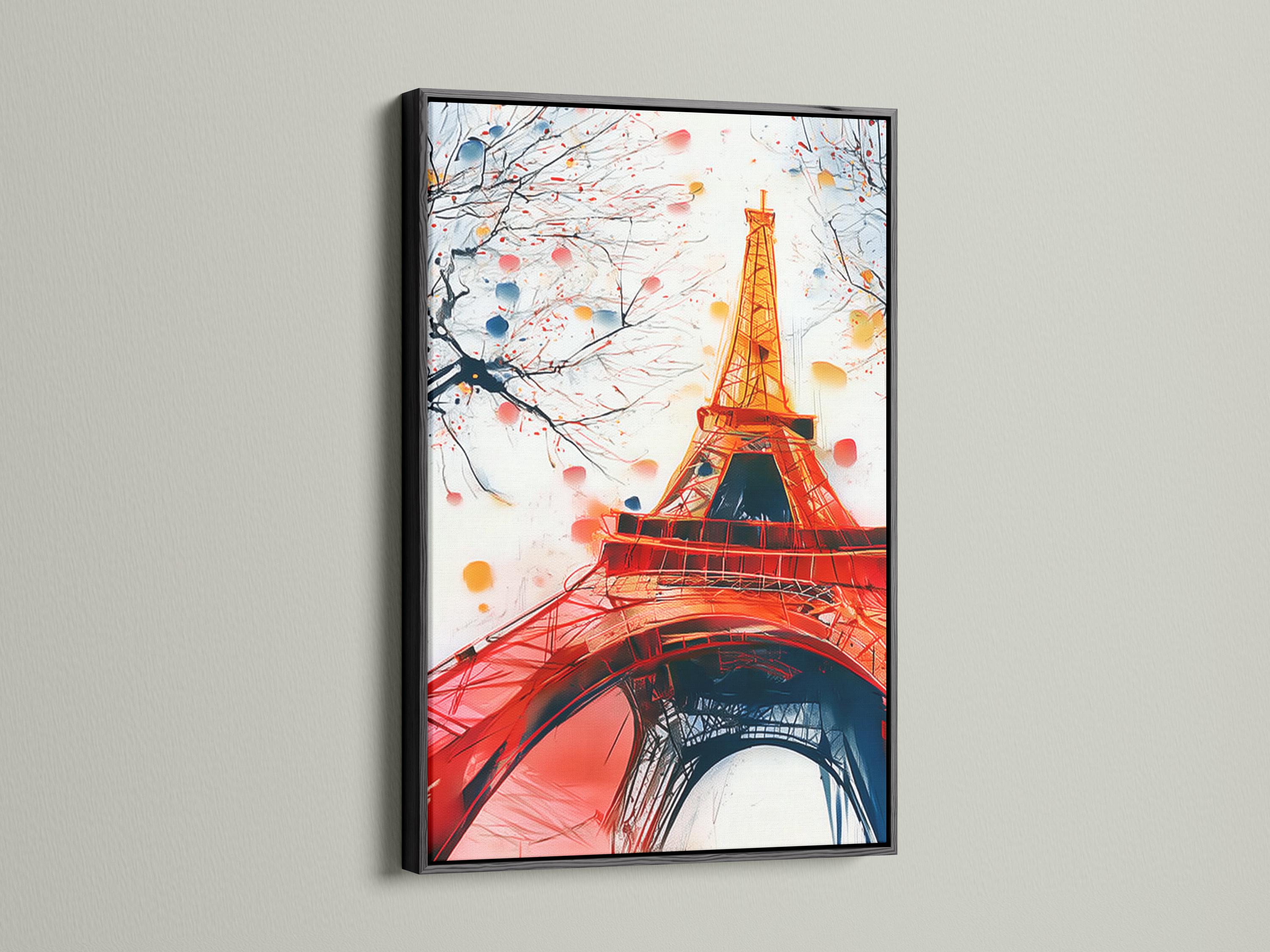 Eiffel Tower cityscape in red and gold with branches and blossom-like dots detail view