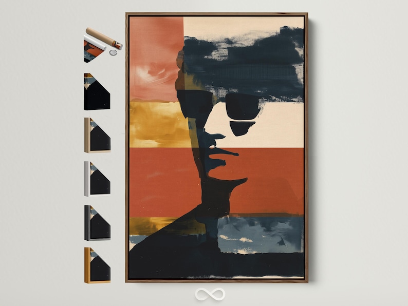 Abstract portrait silhouette with terracotta, cream and navy colour bands