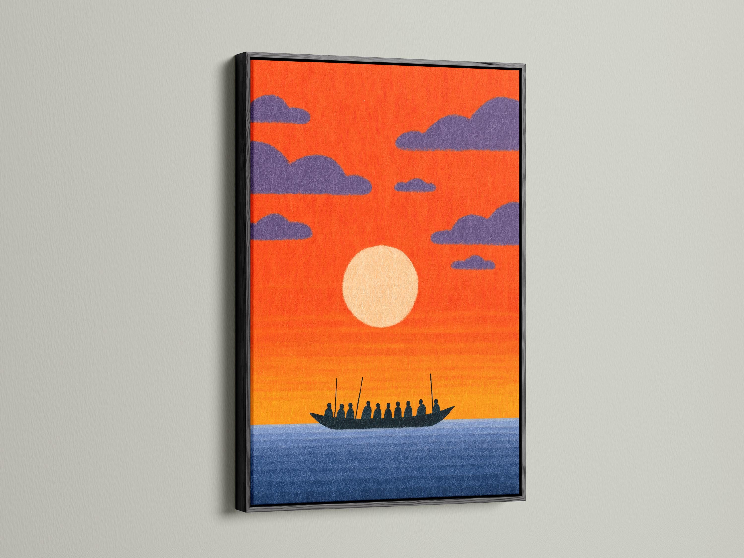 Dark boat silhouette with figures on blue waves beneath an orange sunset sky and purple clouds detail view