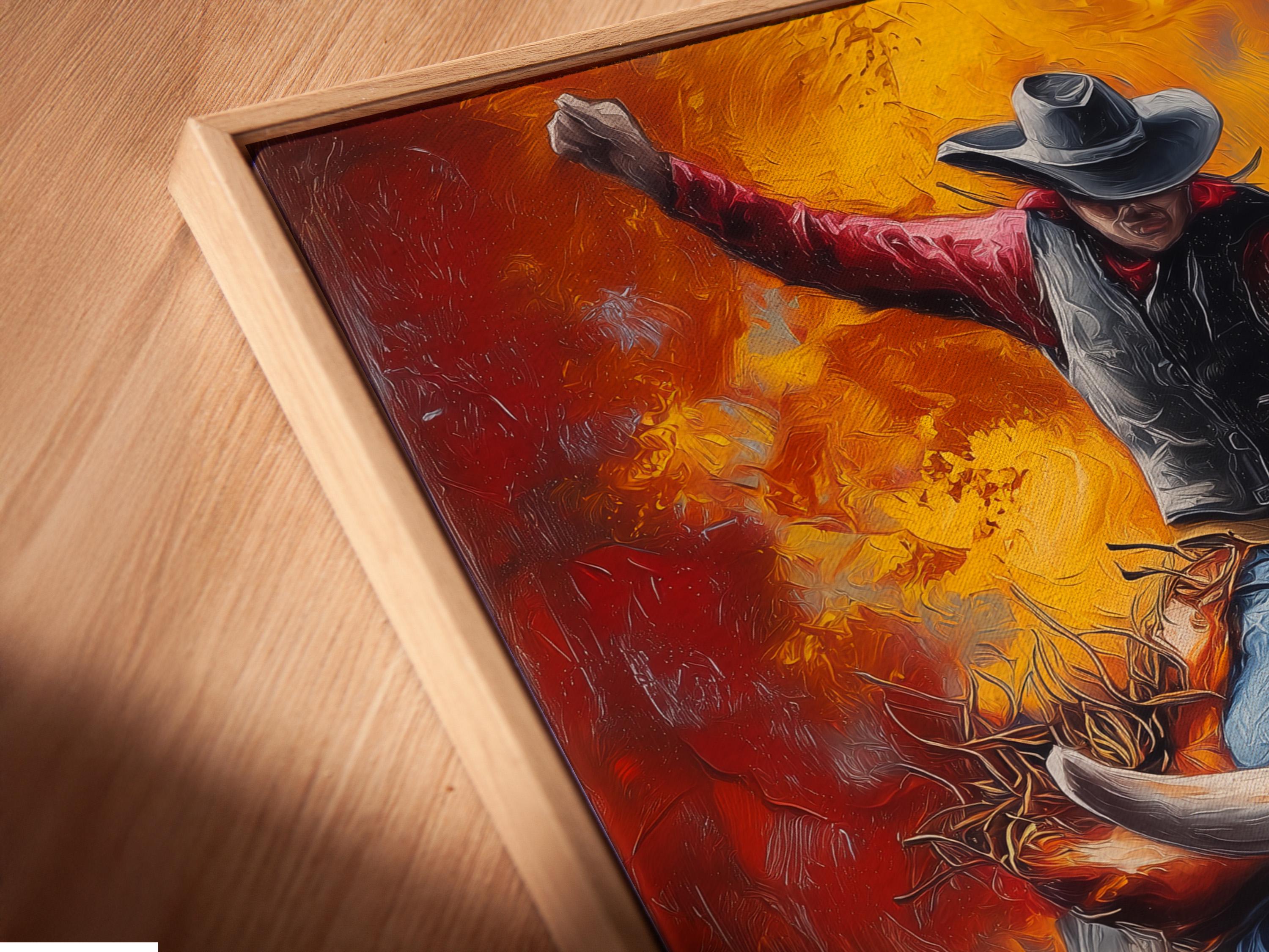 Cowboy riding a black bull in a western scene with flame-like orange and gold background detail view