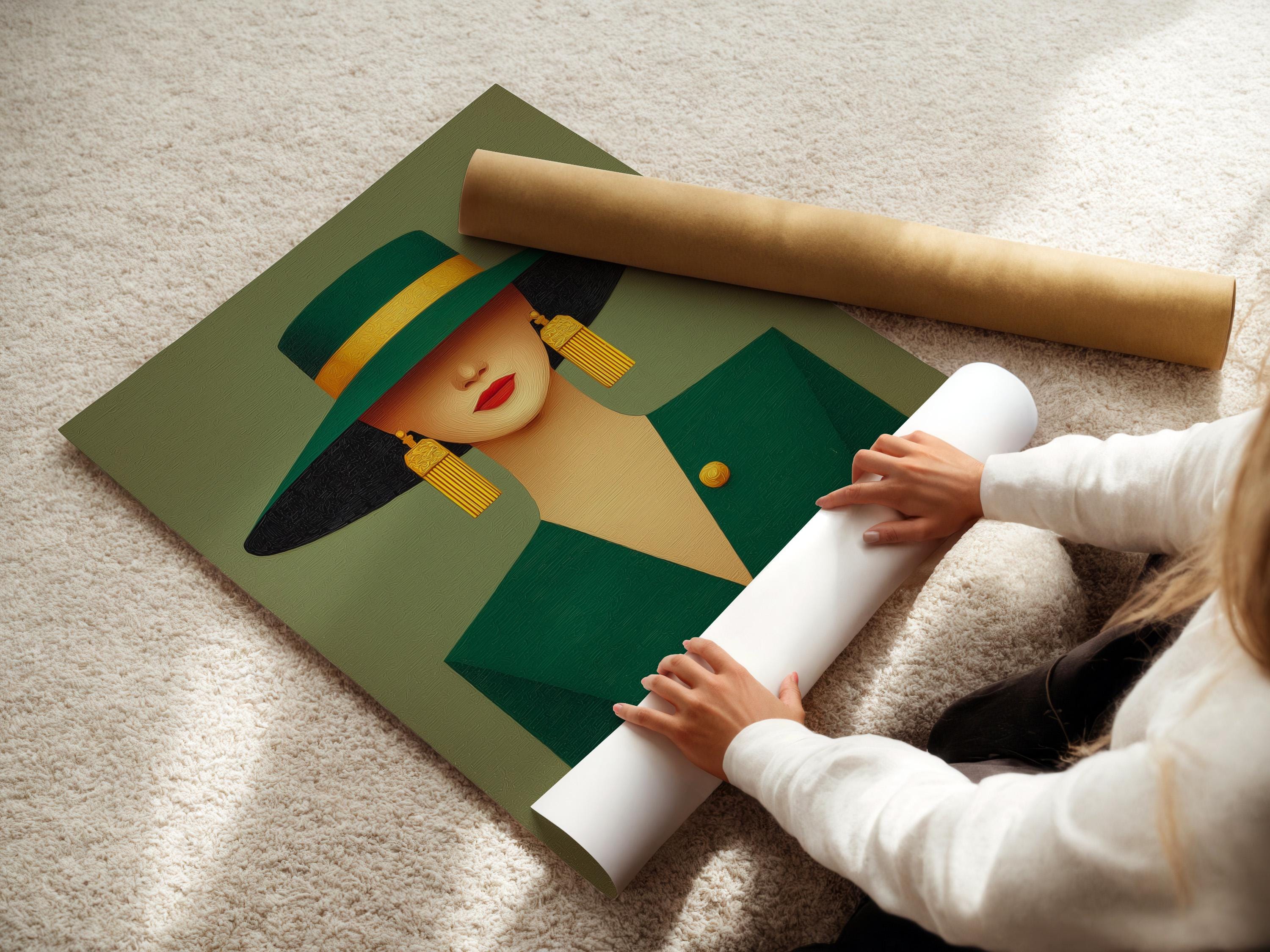 A stylised portrait of an elegant woman in a wide-brim hat, shown against a muted green background with gold accents and Art Deco-inspired shapes