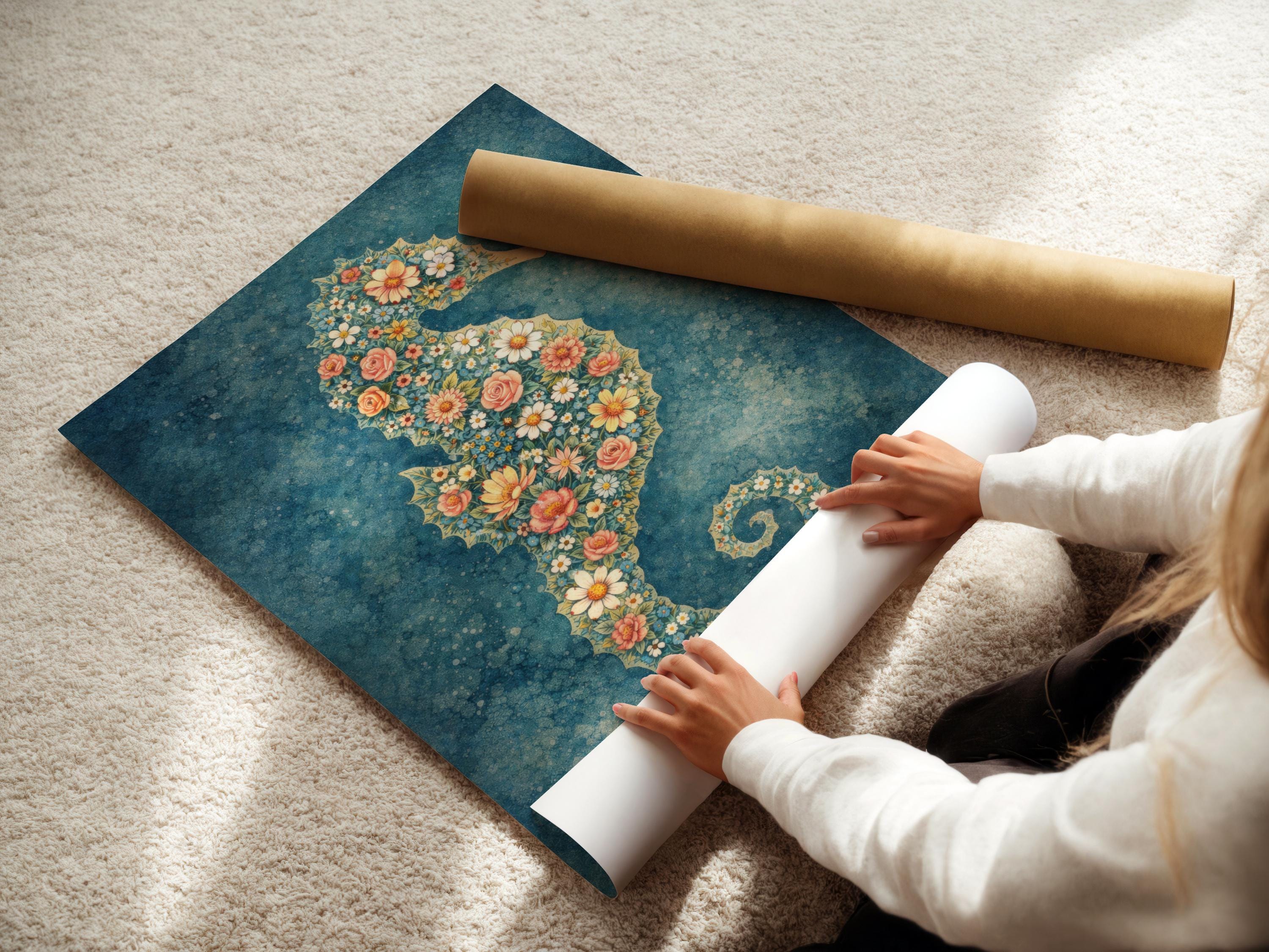 Room mockup showing a framed floral seahorse artwork above a sofa
