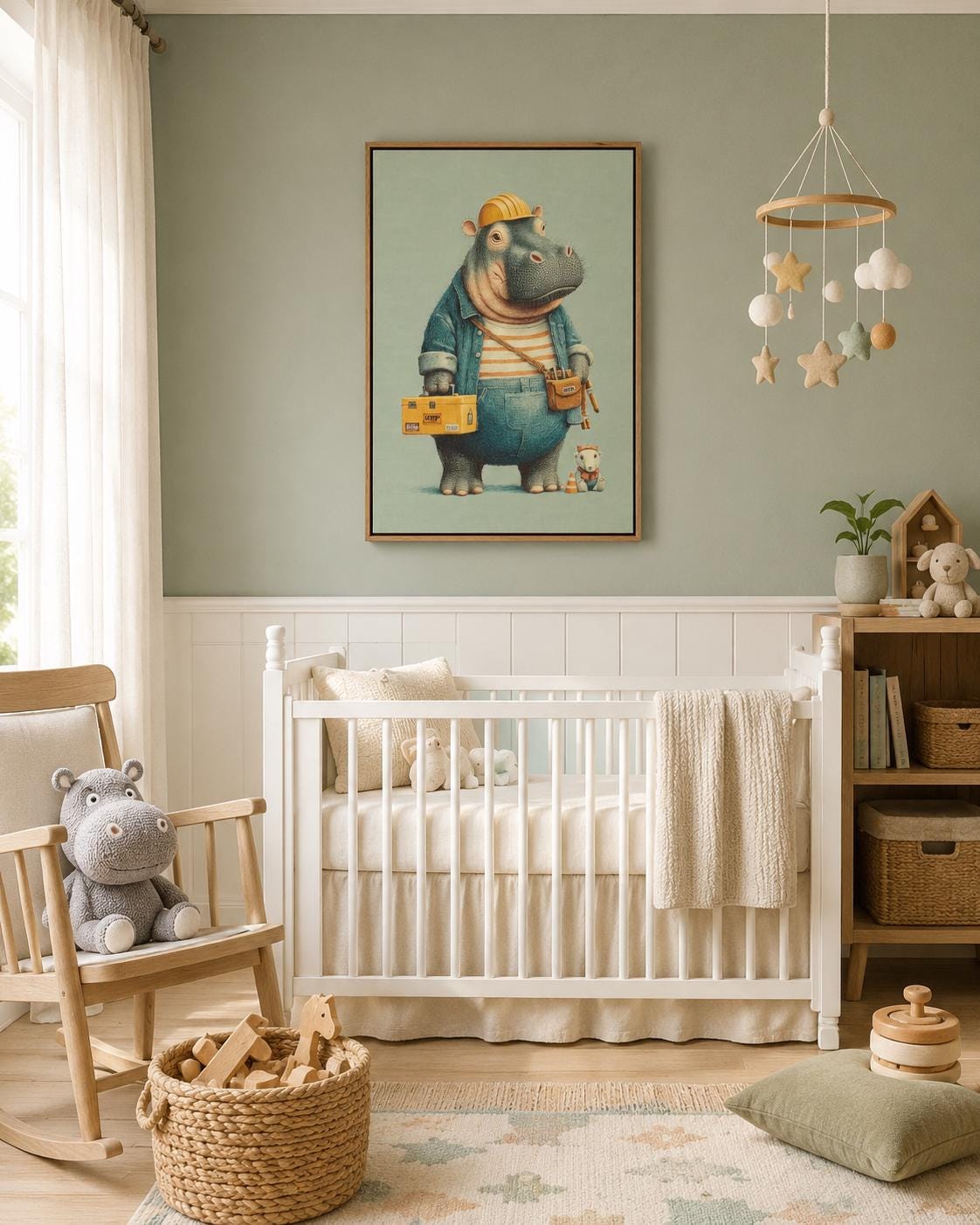 A family sitting on a bed looking at a framed hippo builder artwork above a shelf