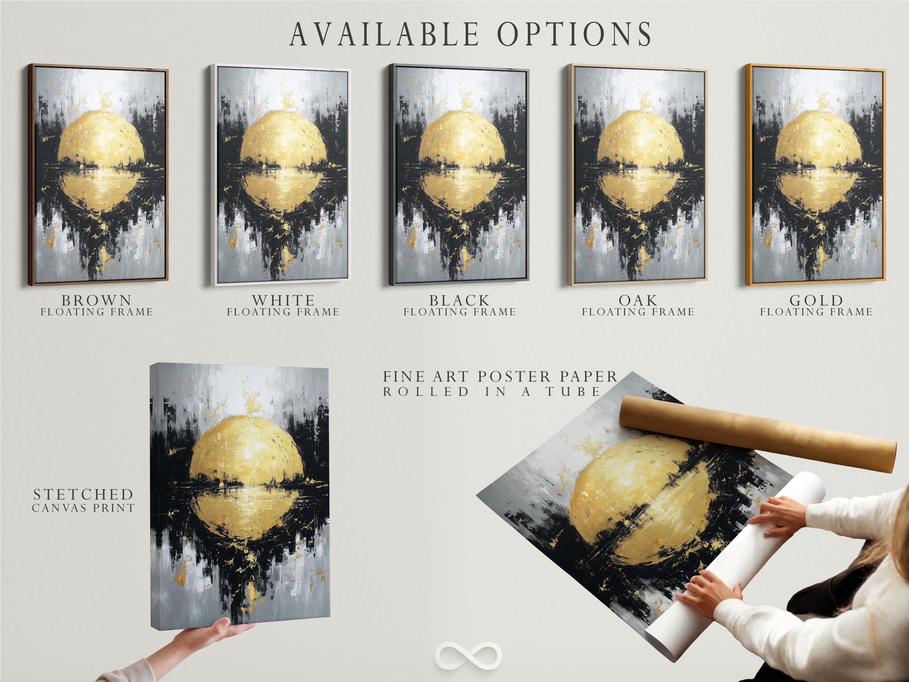 Gold sphere abstract wall art displayed in a framed mockup with surrounding layout options