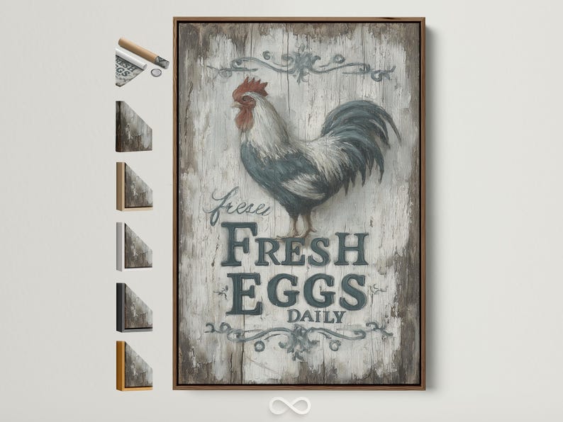 Rooster illustration above distressed text reading “FRESH EGGS DAILY” on a cracked grey background