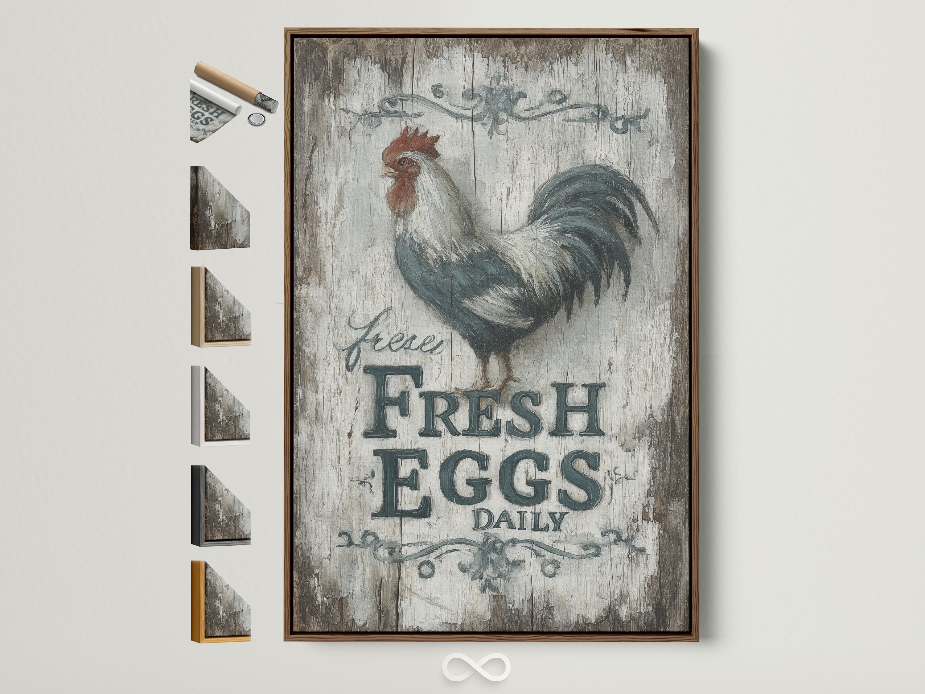 Rooster illustration above distressed text reading “FRESH EGGS DAILY” on a cracked grey background