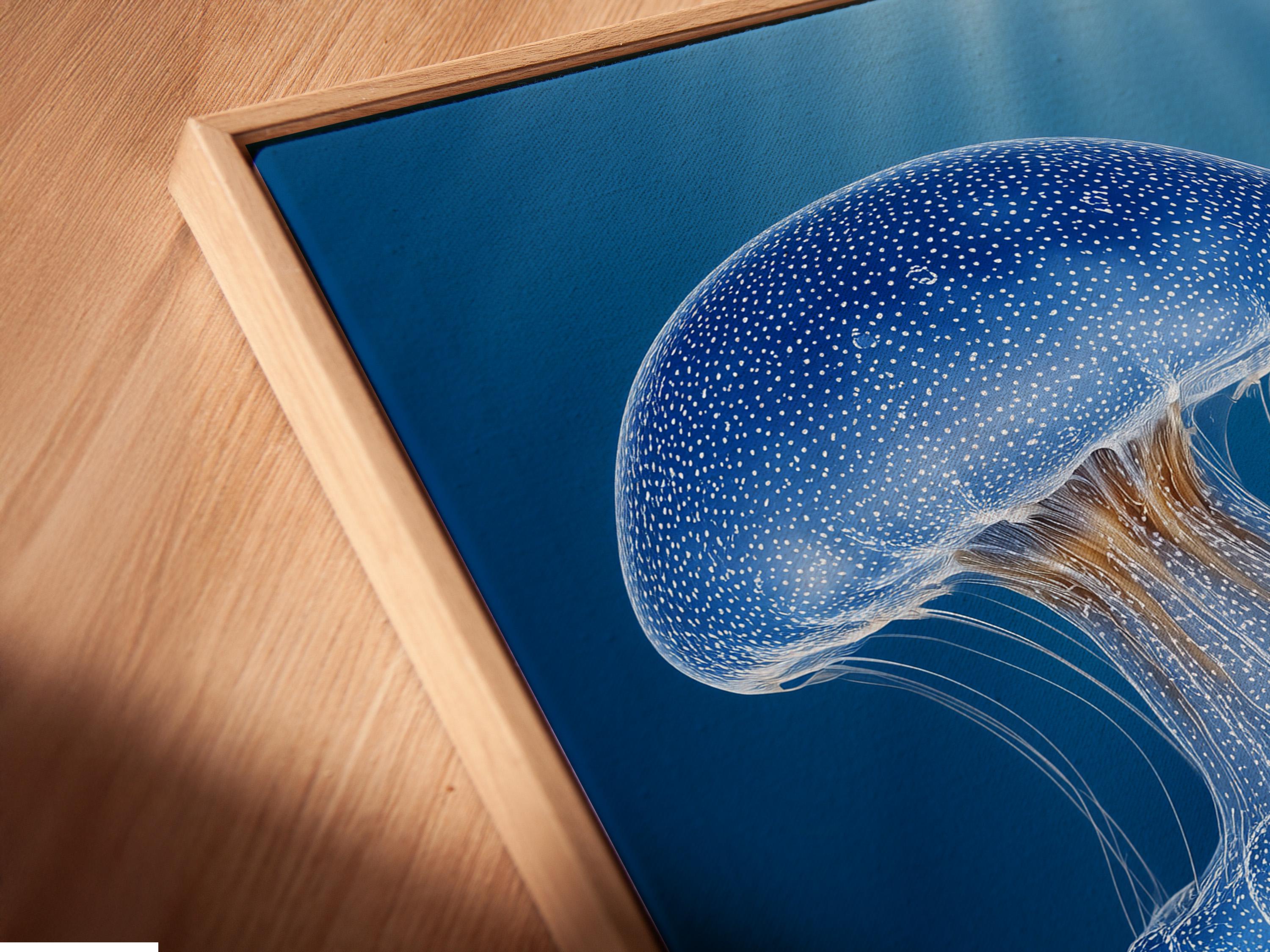 Wall mockup showing a blue jellyfish artwork in a framed display on a light wall