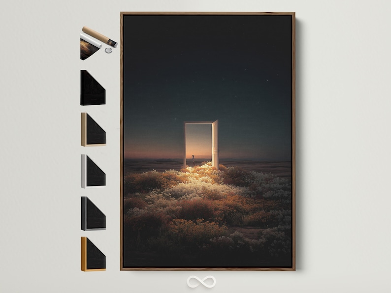 Night seascape with a warm glowing doorway opening and a starry dark blue sky