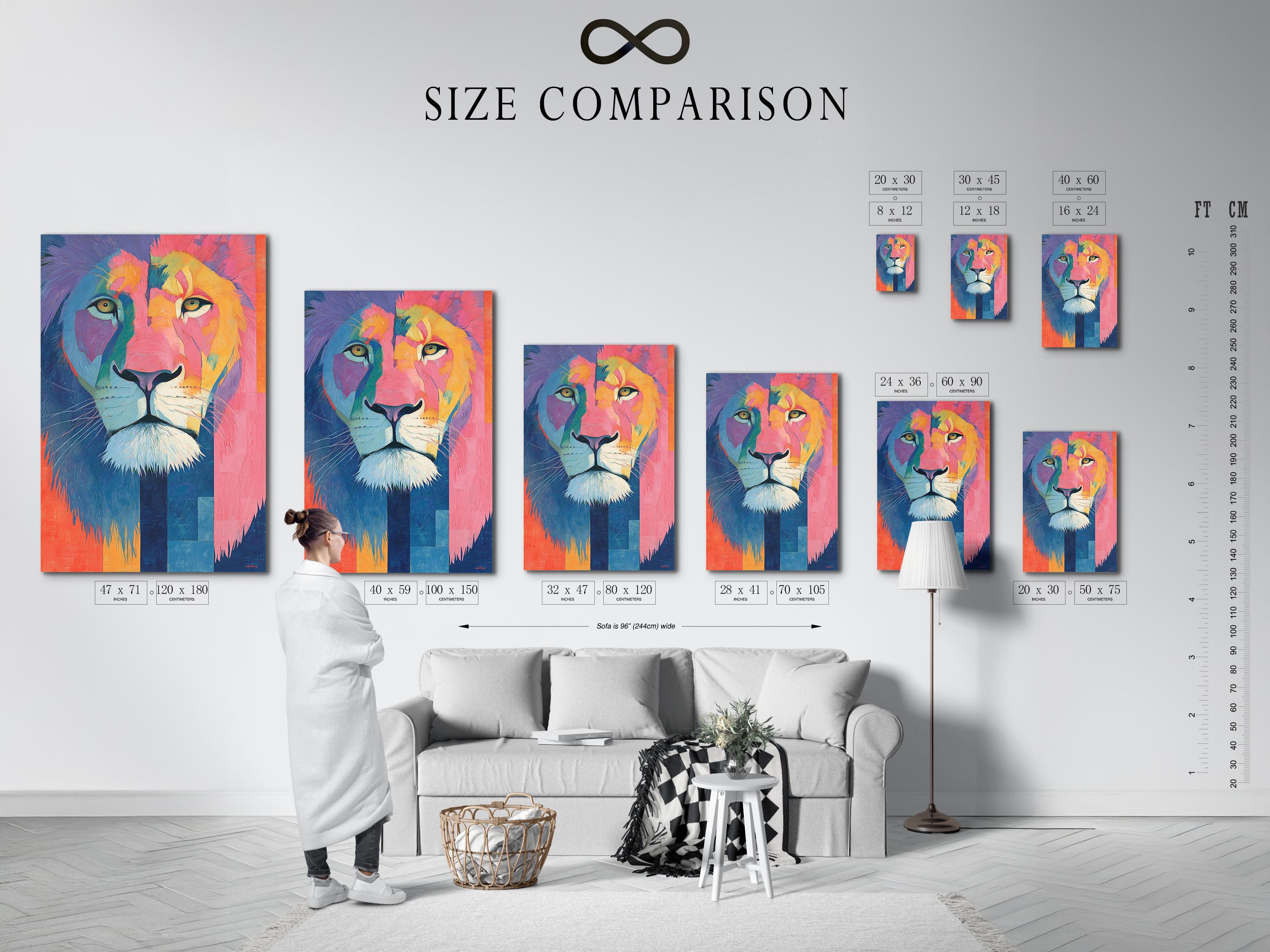 Lion wall art mockup with framed lion portrait in hot pink, blue and teal tones