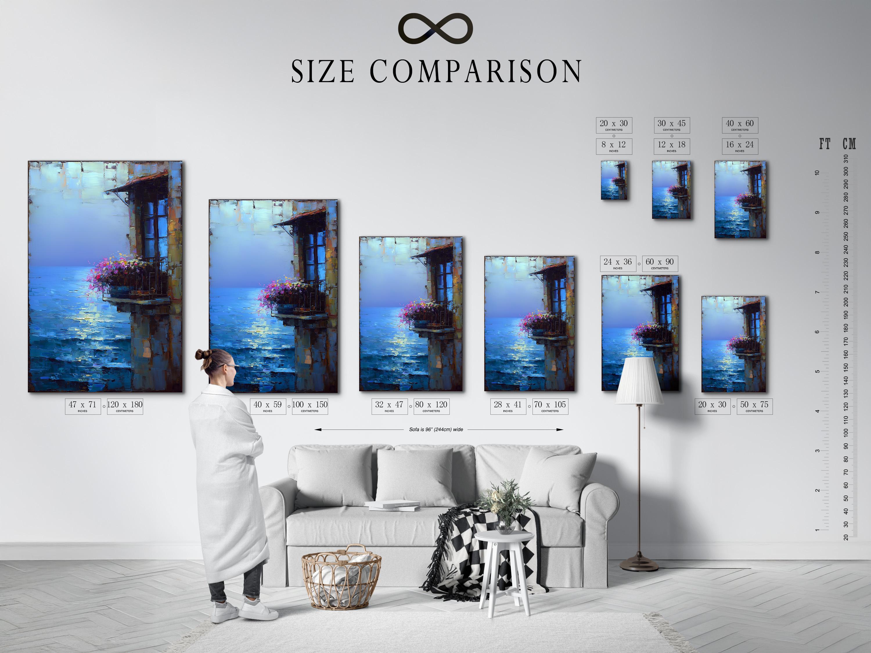Room mockup showing a framed blue seascape artwork with pink flowers