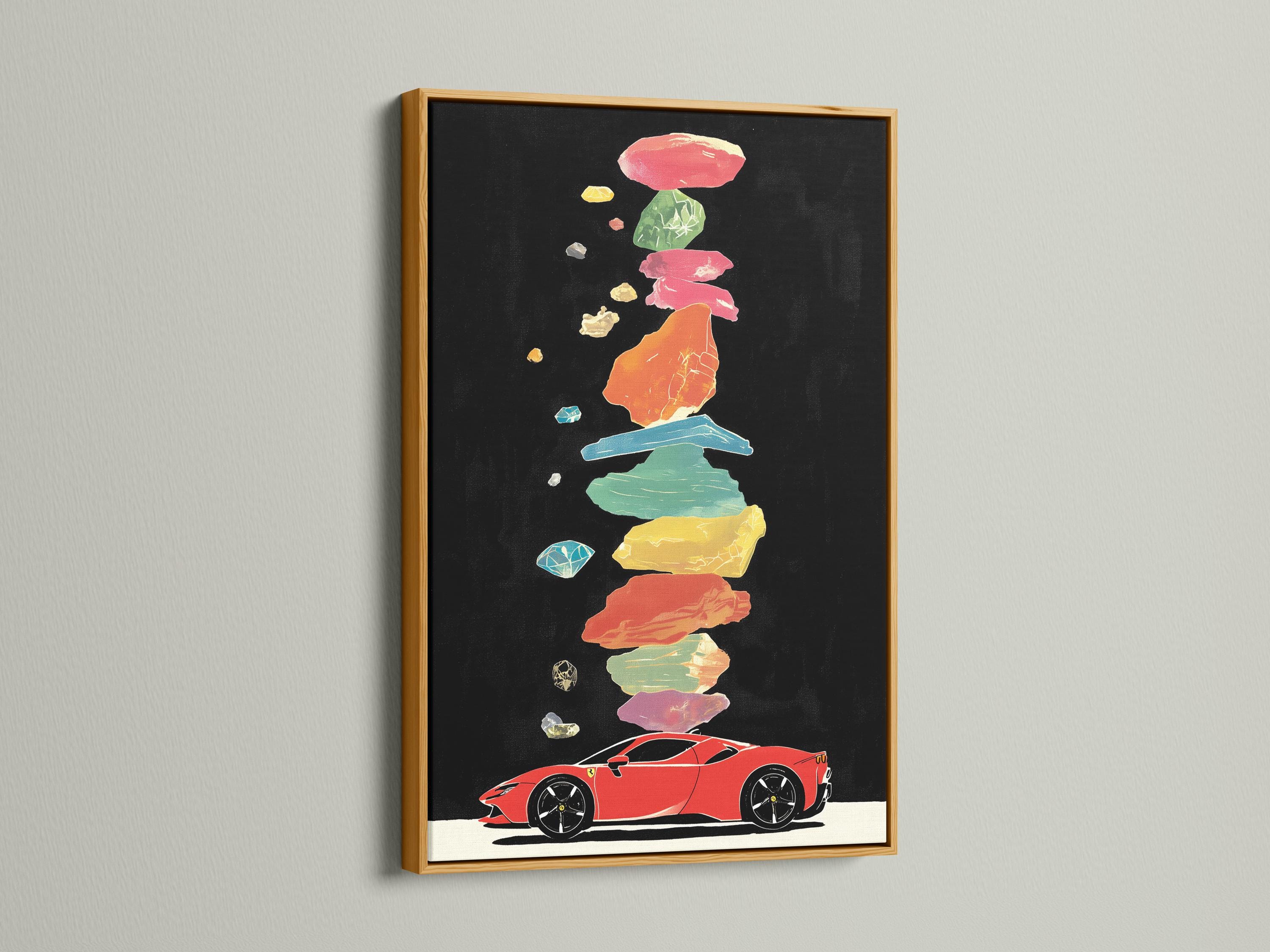 Stylised red sports car with multicolour floating fragments on a dark background detail view