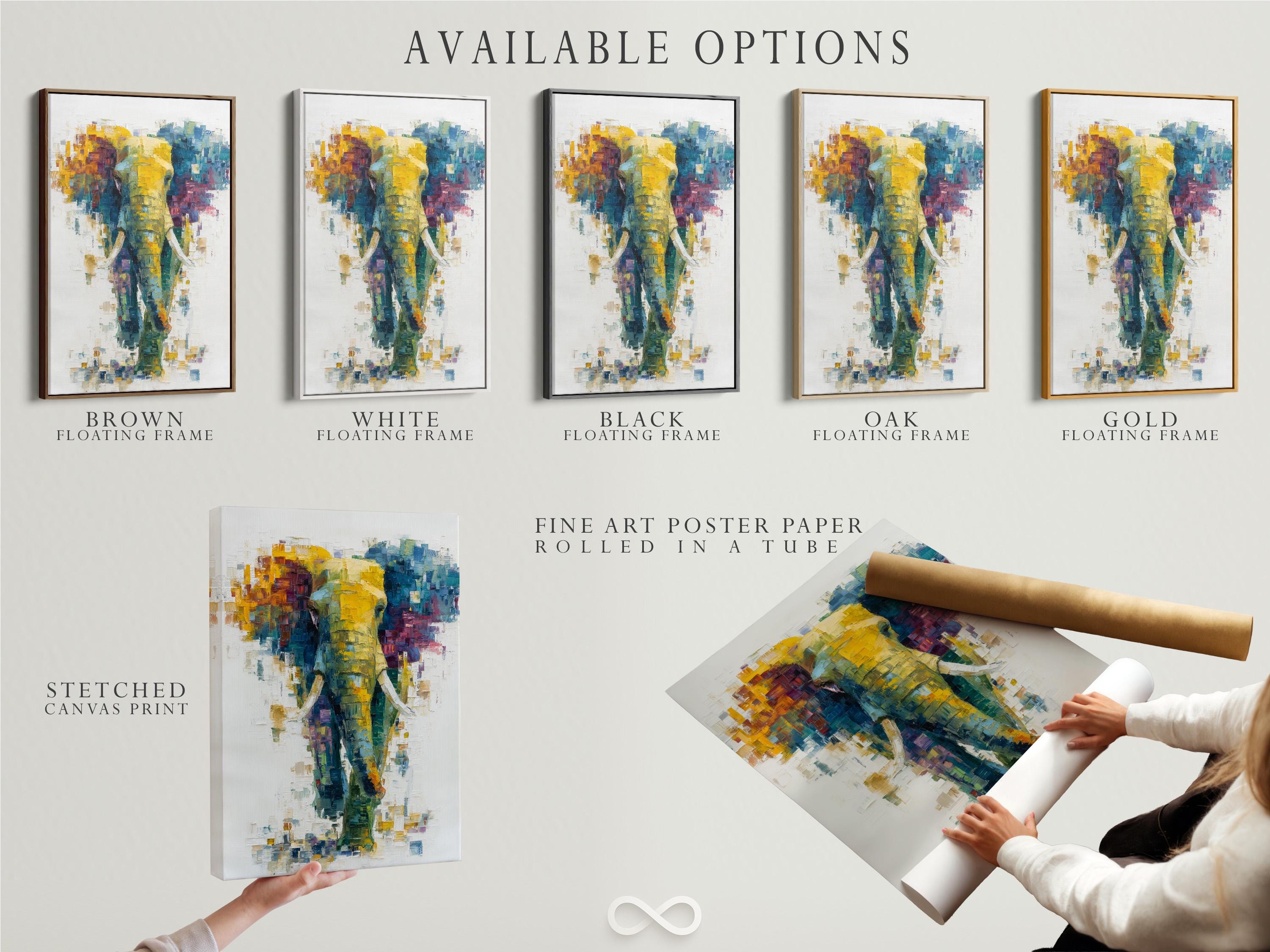 Abstract elephant artwork with layered teal, yellow and magenta colour blocks on an off-white background detail view