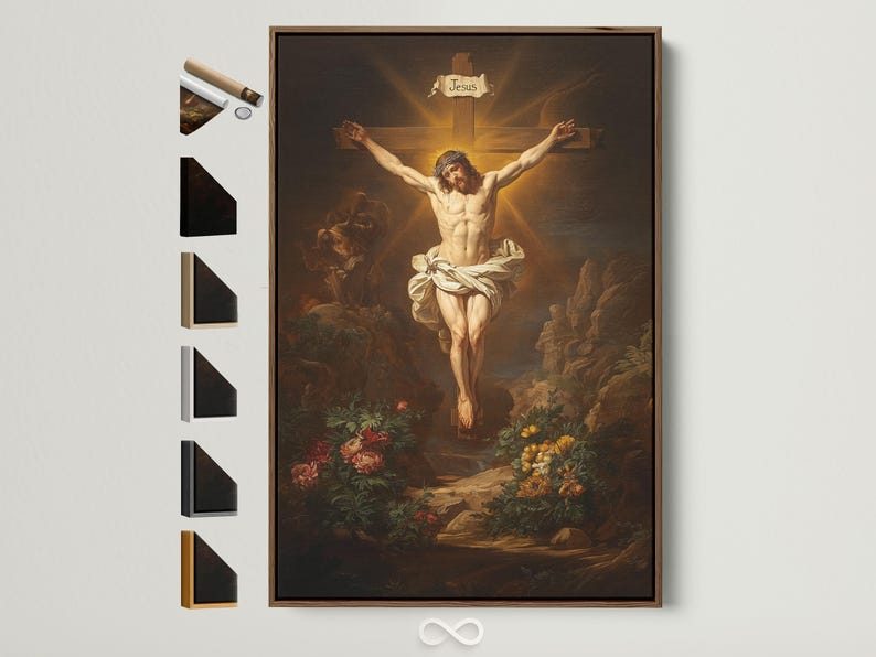 Vintage religious painting of a crucified man with warm gold light behind and flowers in the foreground; banner text reads “Jesus”