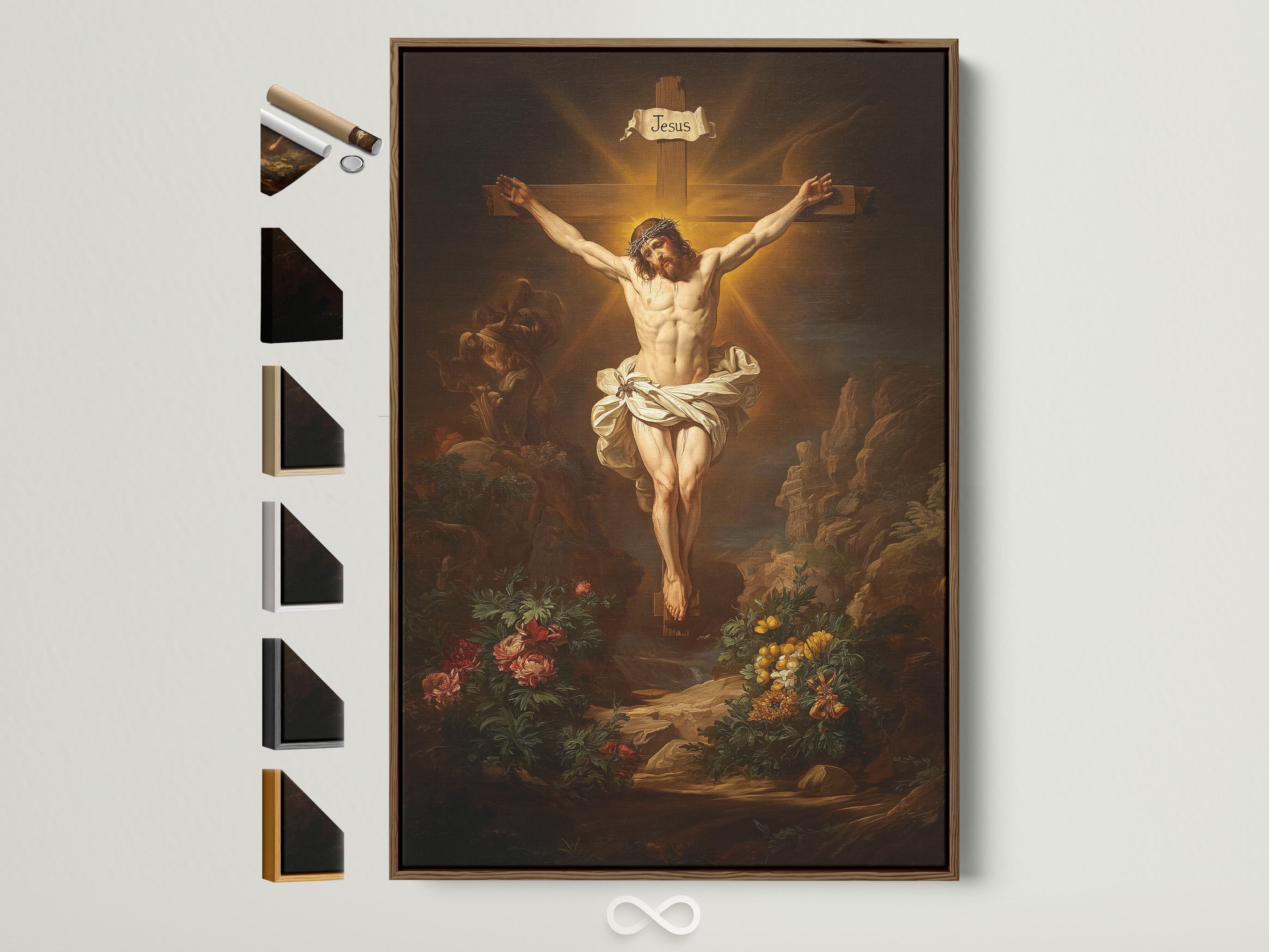 Vintage religious painting of a crucified man with warm gold light behind and flowers in the foreground; banner text reads “Jesus”