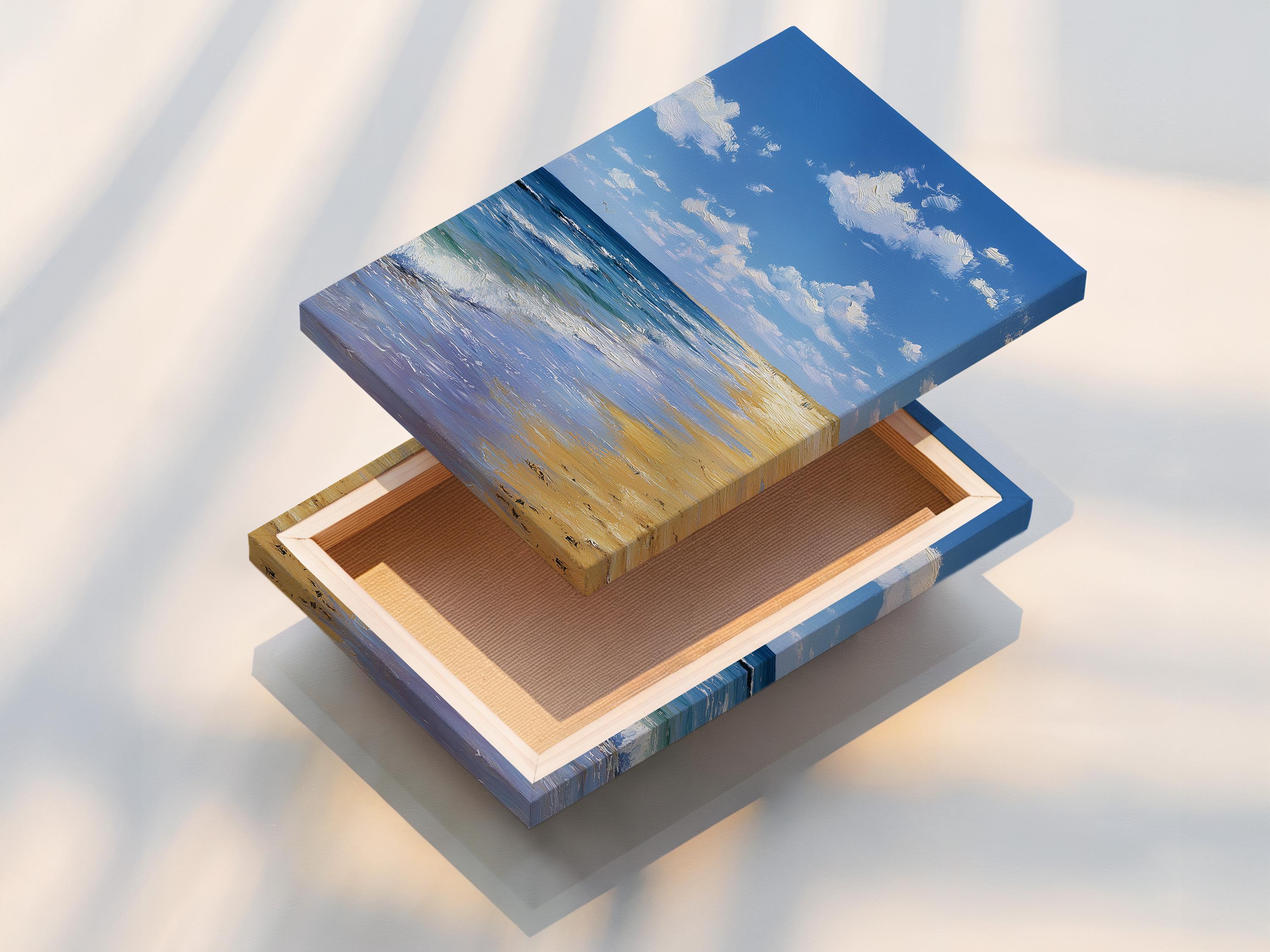 Room mockup showing a framed blue beach seascape artwork on a wall