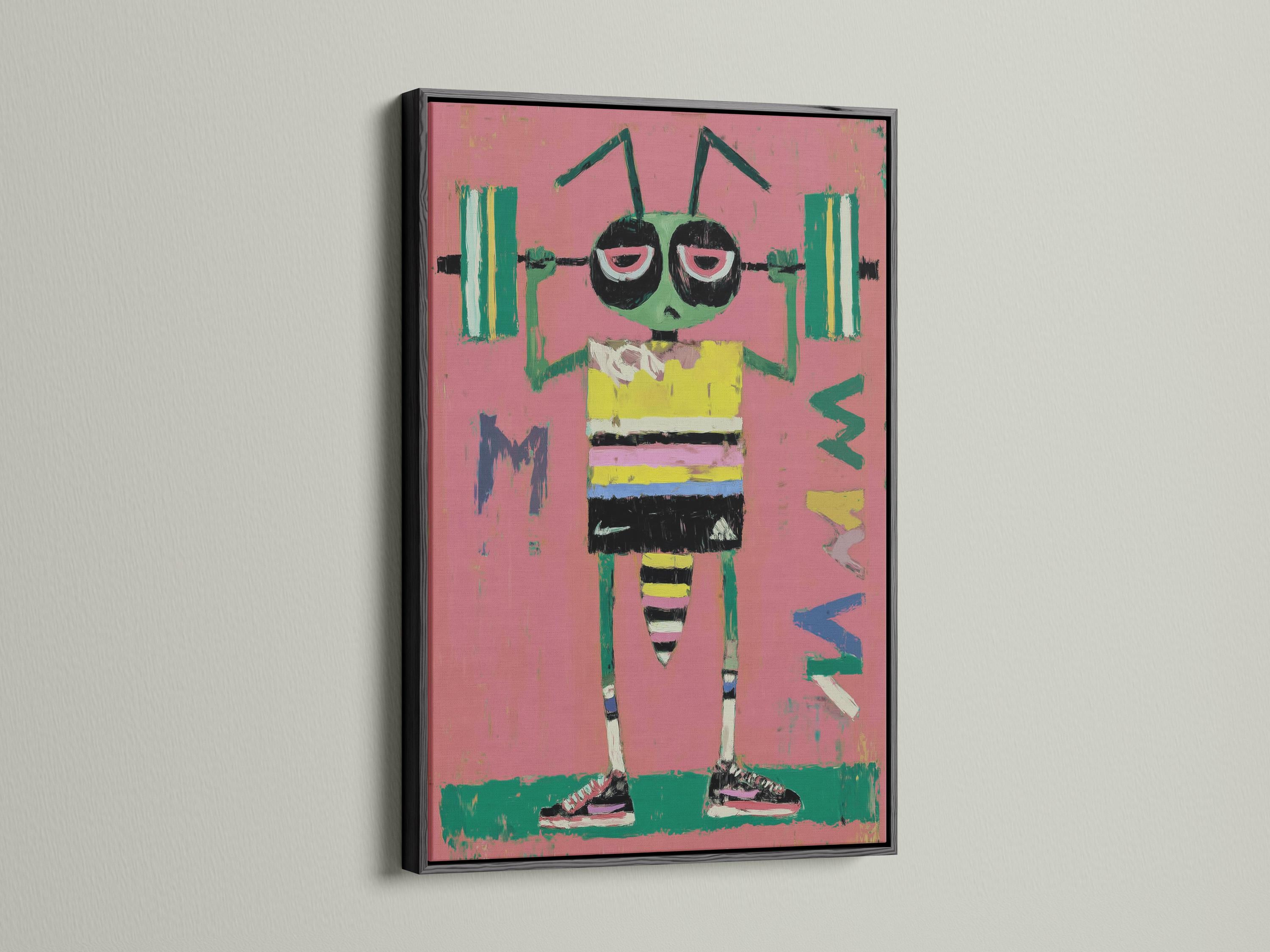 Cartoon bug character with large eyes, pink background, and green and yellow striped body detail view