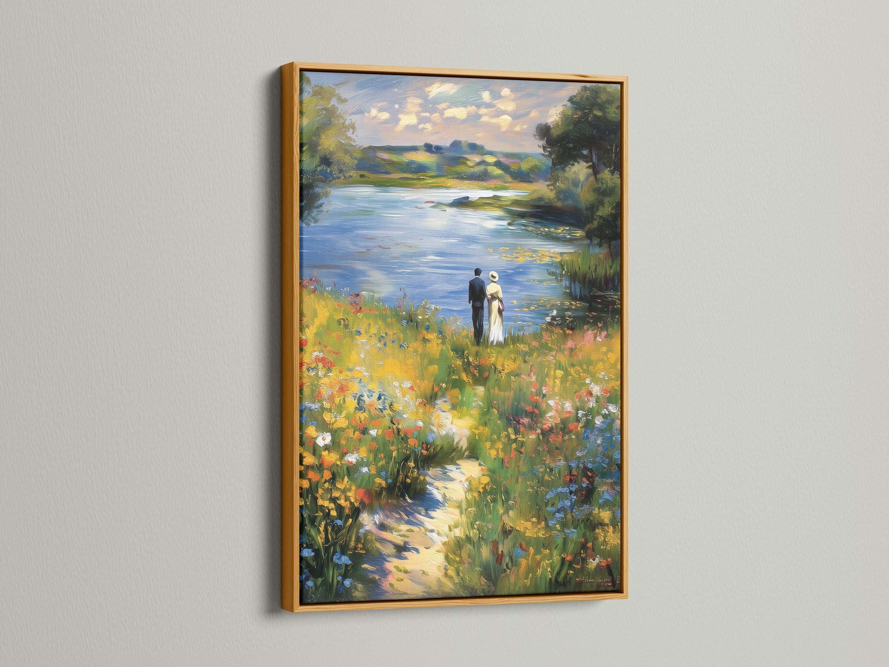 Impressionist lakeside meadow painting with two people standing near the shore and wildflowers detail view