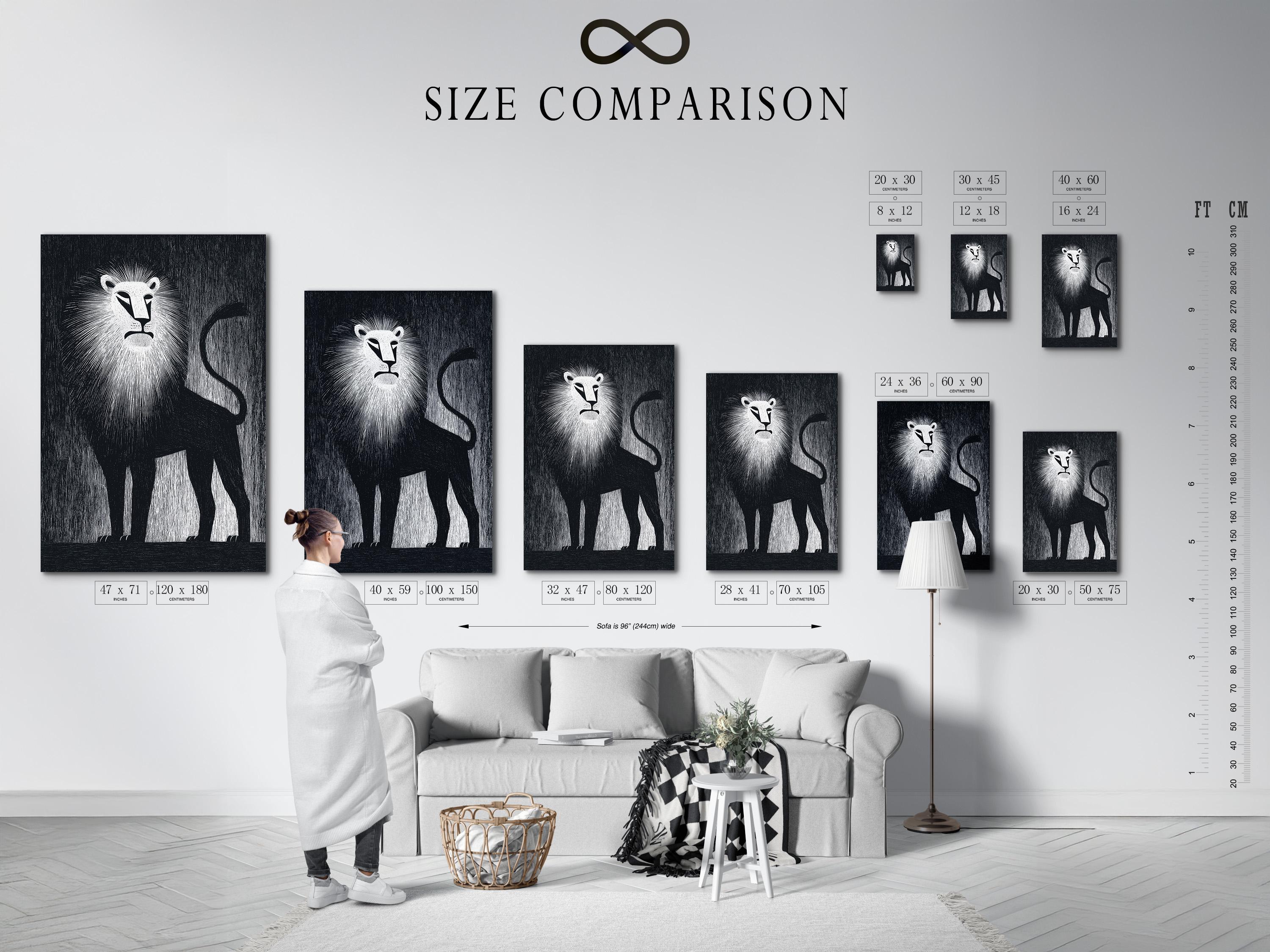 A person standing beside a framed black and white lion artwork in a modern interior