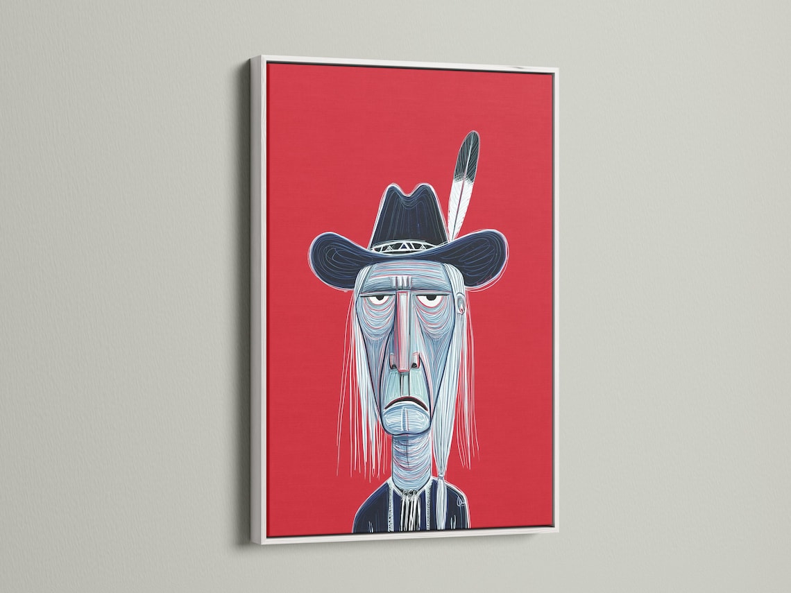 Stylised cowboy portrait with a wide-brim hat on a red background detail view