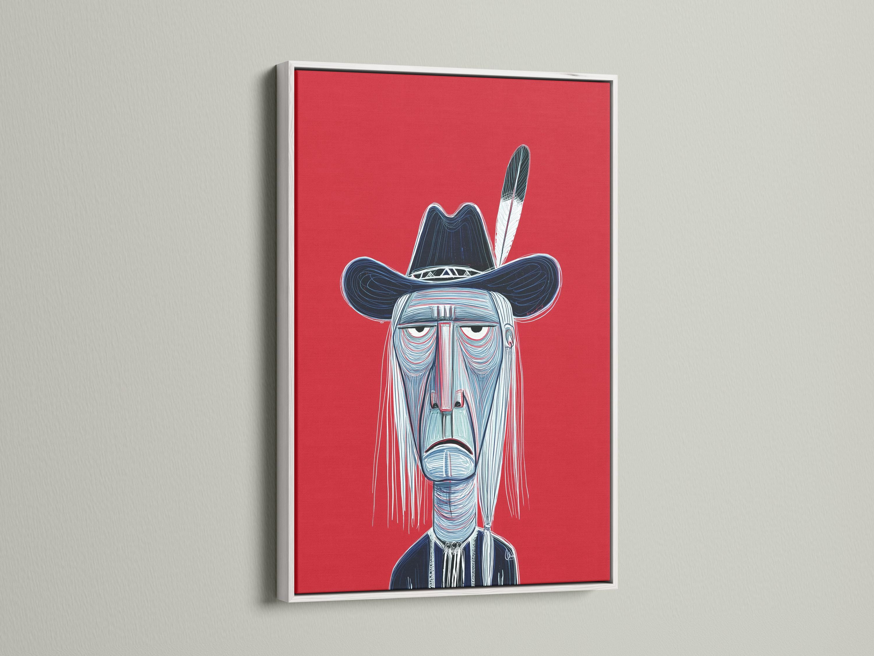Stylised cowboy portrait with a wide-brim hat on a red background detail view