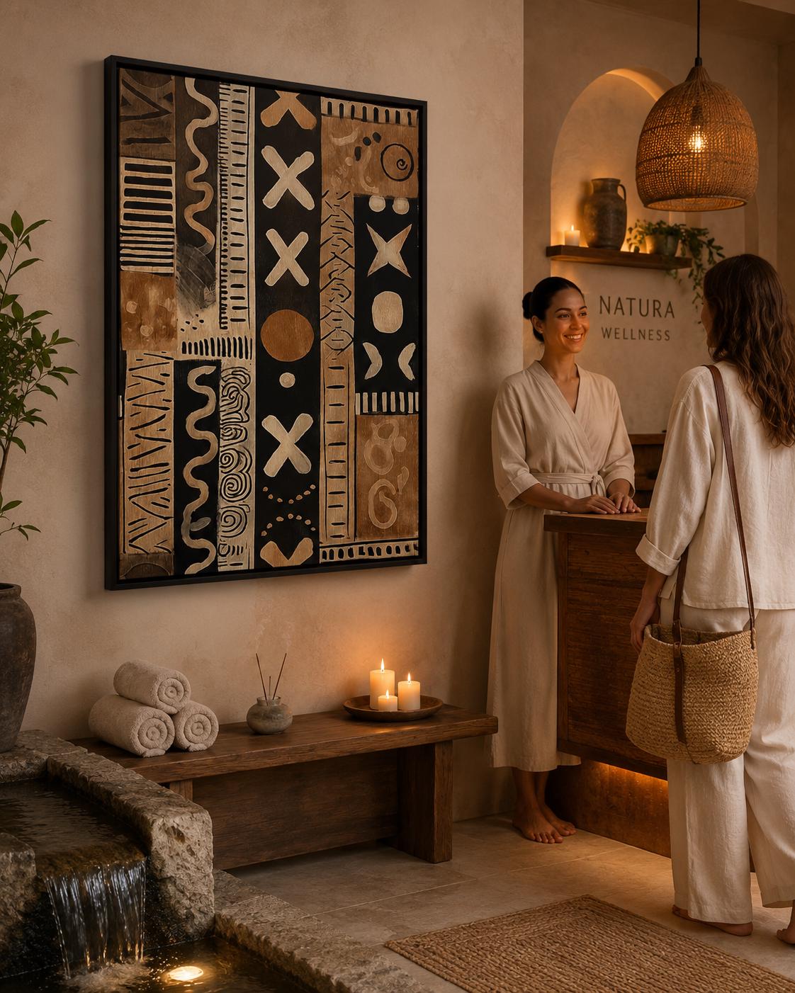 Living room mockup with a framed beige and black tribal abstract pattern above a sofa