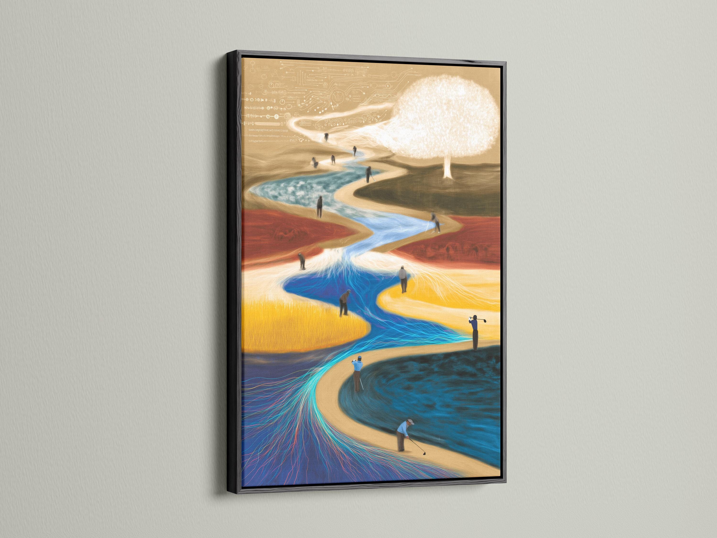 Abstract golf course scene with a bright sunburst, winding blue channel, and small golfers detail view