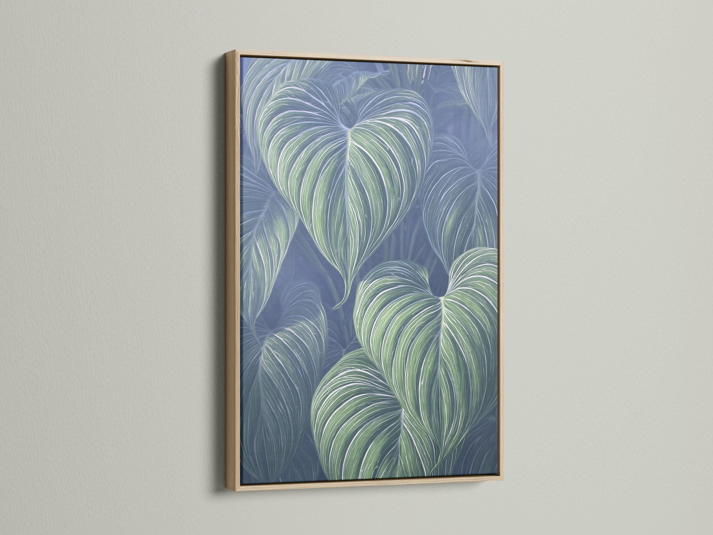 Mockup showing a framed botanical leaf artwork with mint green leaves on a navy-blue background
