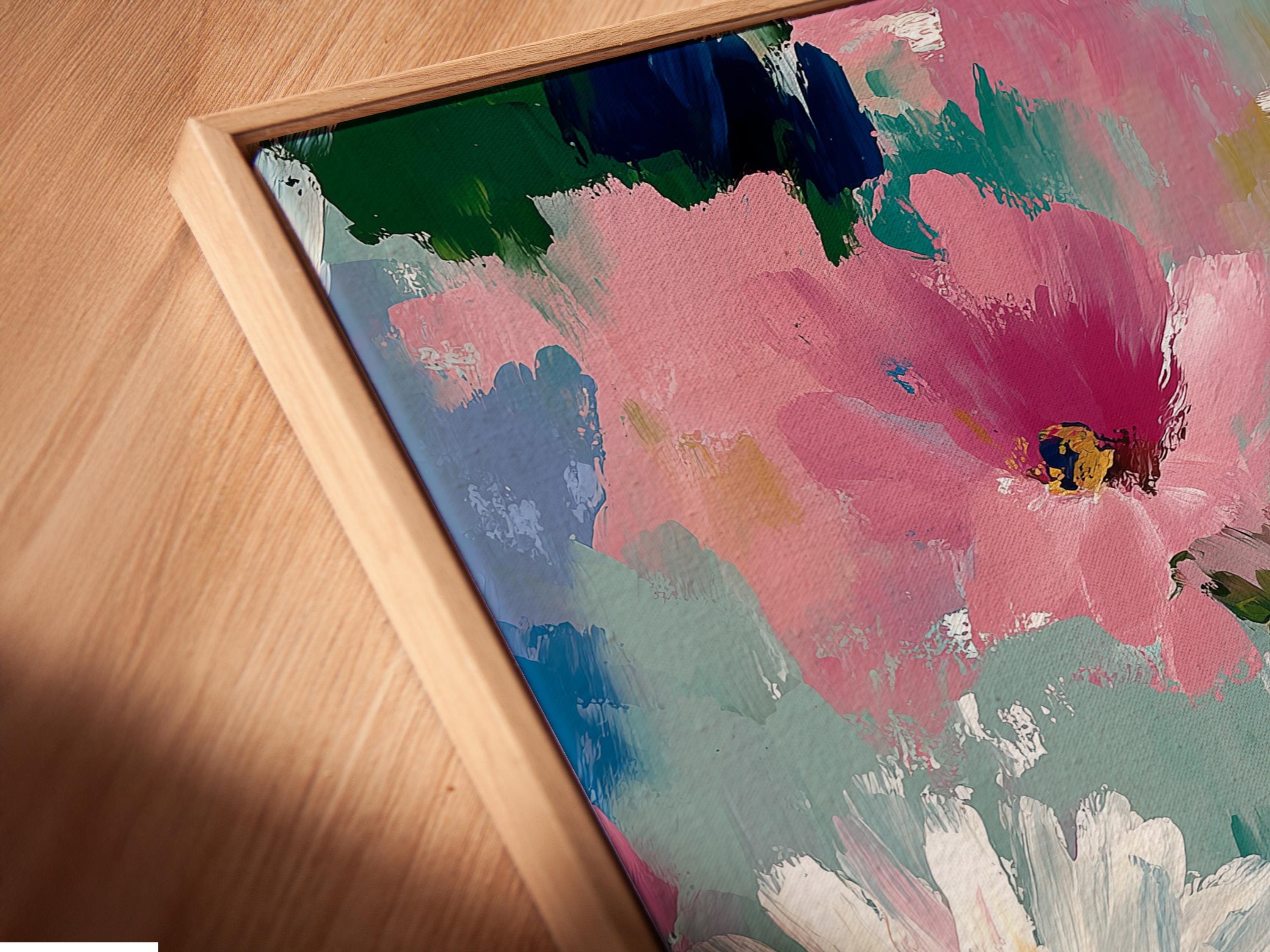 Abstract floral painting with pink and white daisy-like flowers, teal and blue background, and green stems detail view