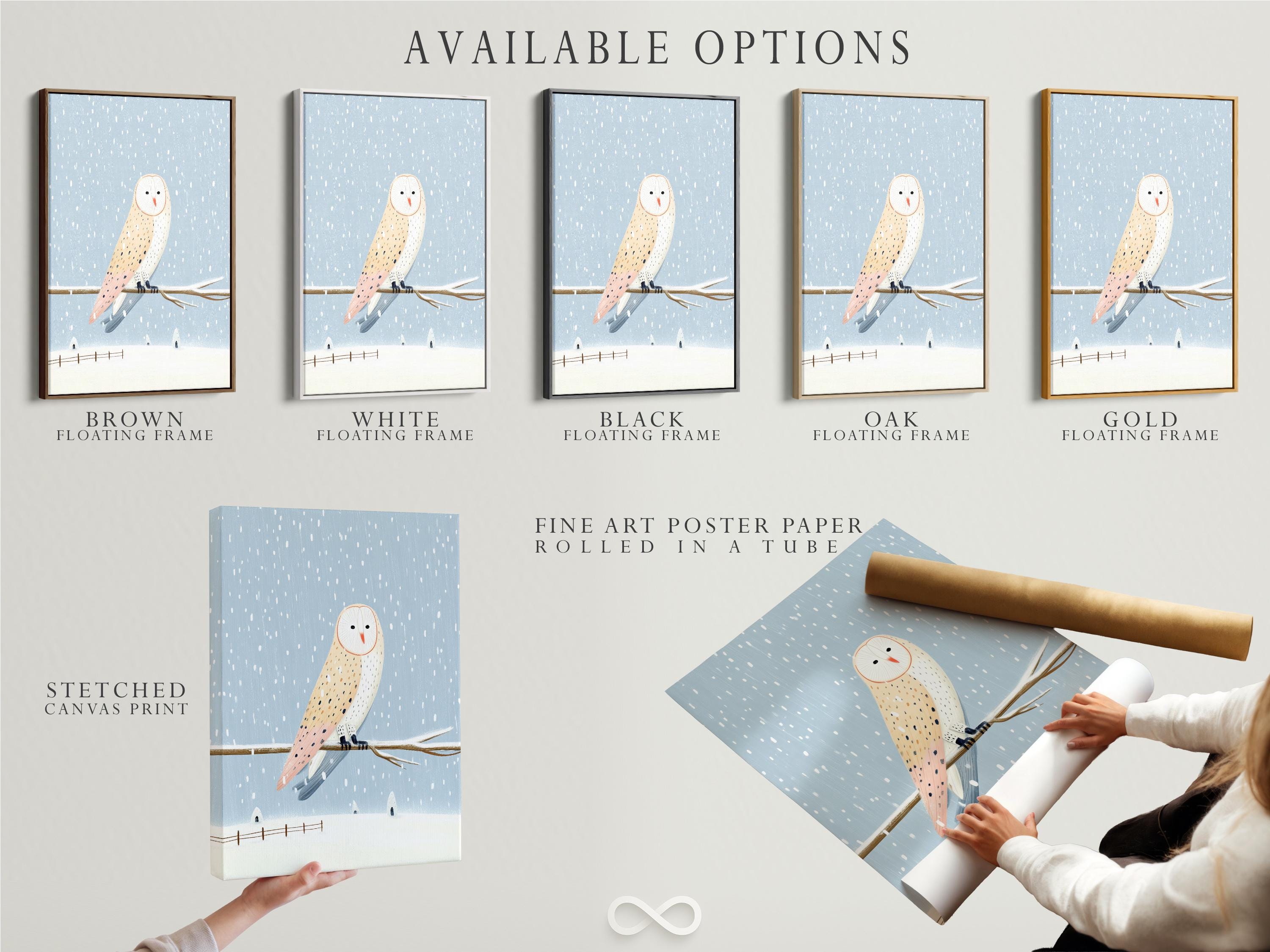 Illustrated owl flying through falling snow in a blue winter scene detail view