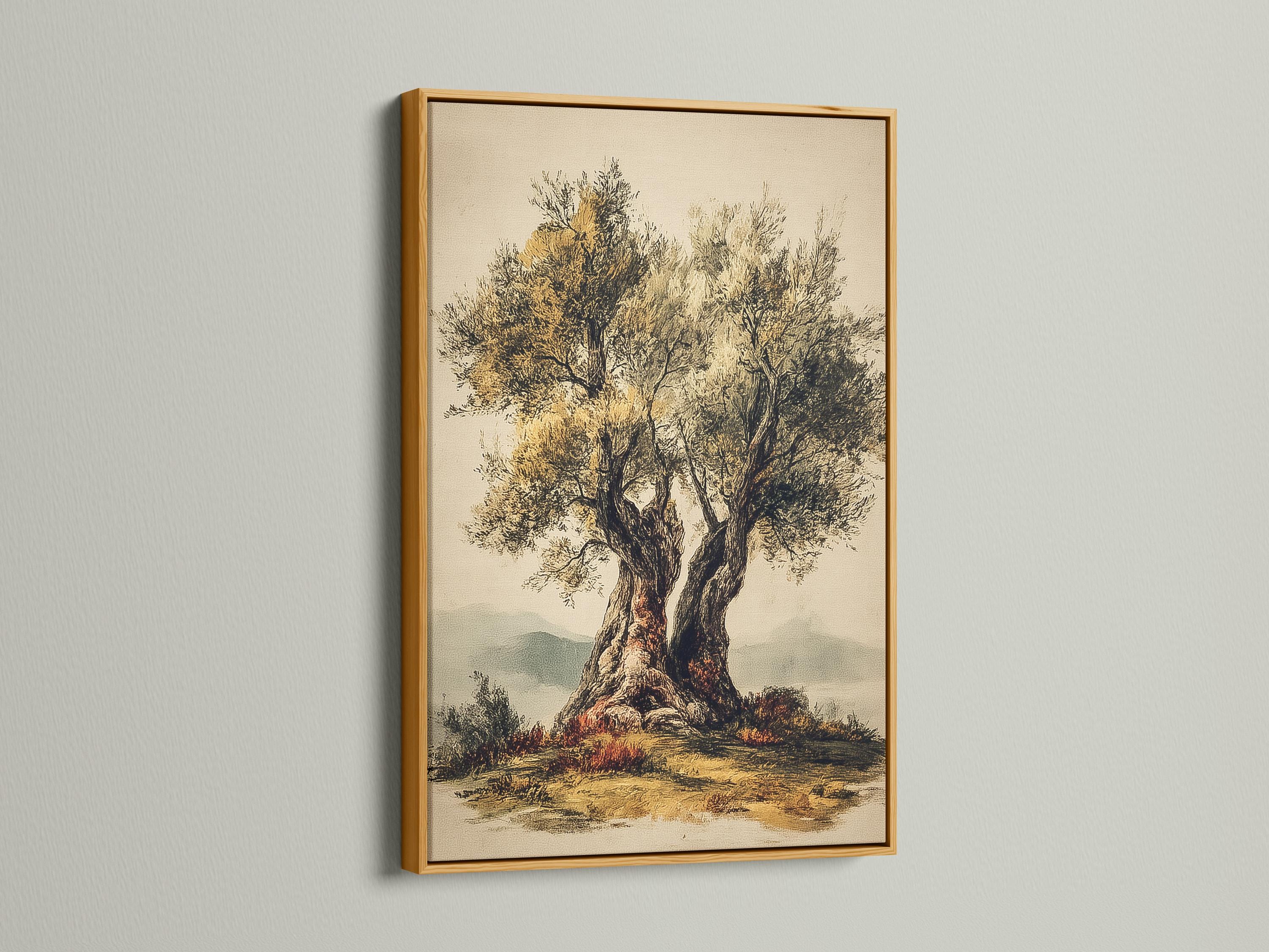 Vintage botanical tree illustration with a dark trunk, golden foliage and soft reflections detail view