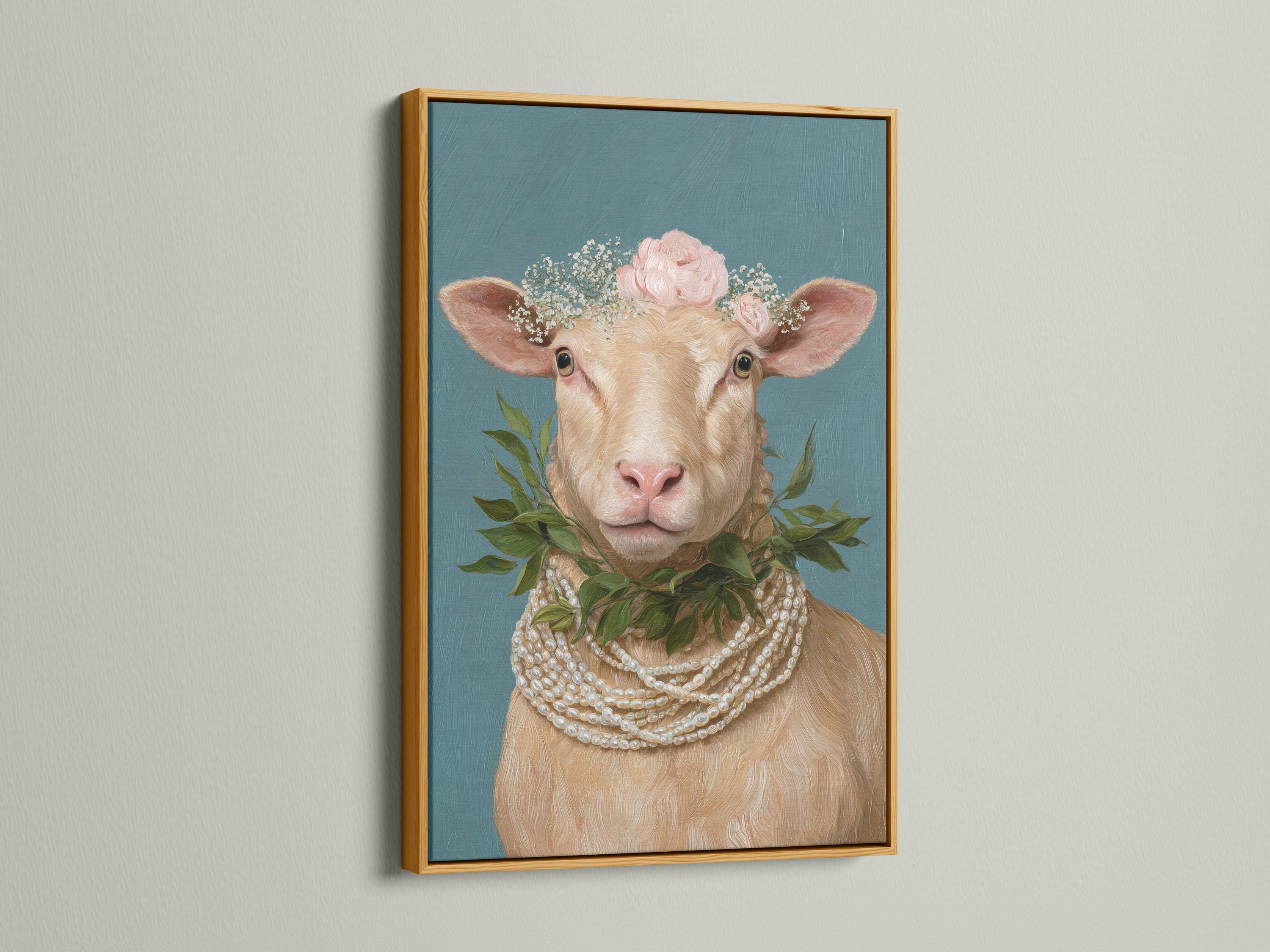 Portrait of a sheep with a pink floral crown and pearl-like necklace on a teal background detail view