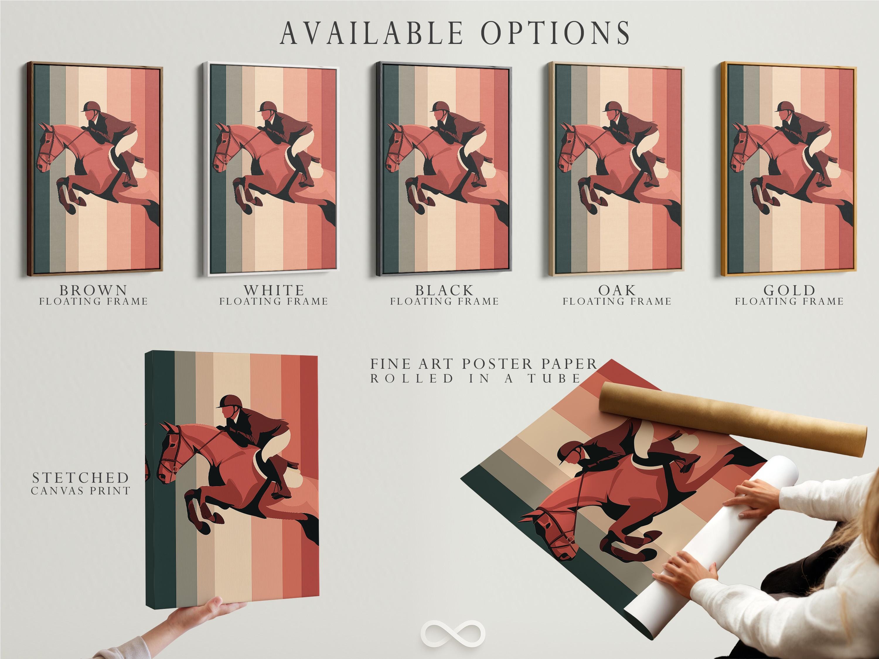 Room mockup with framed retro horse and rider artwork on striped background