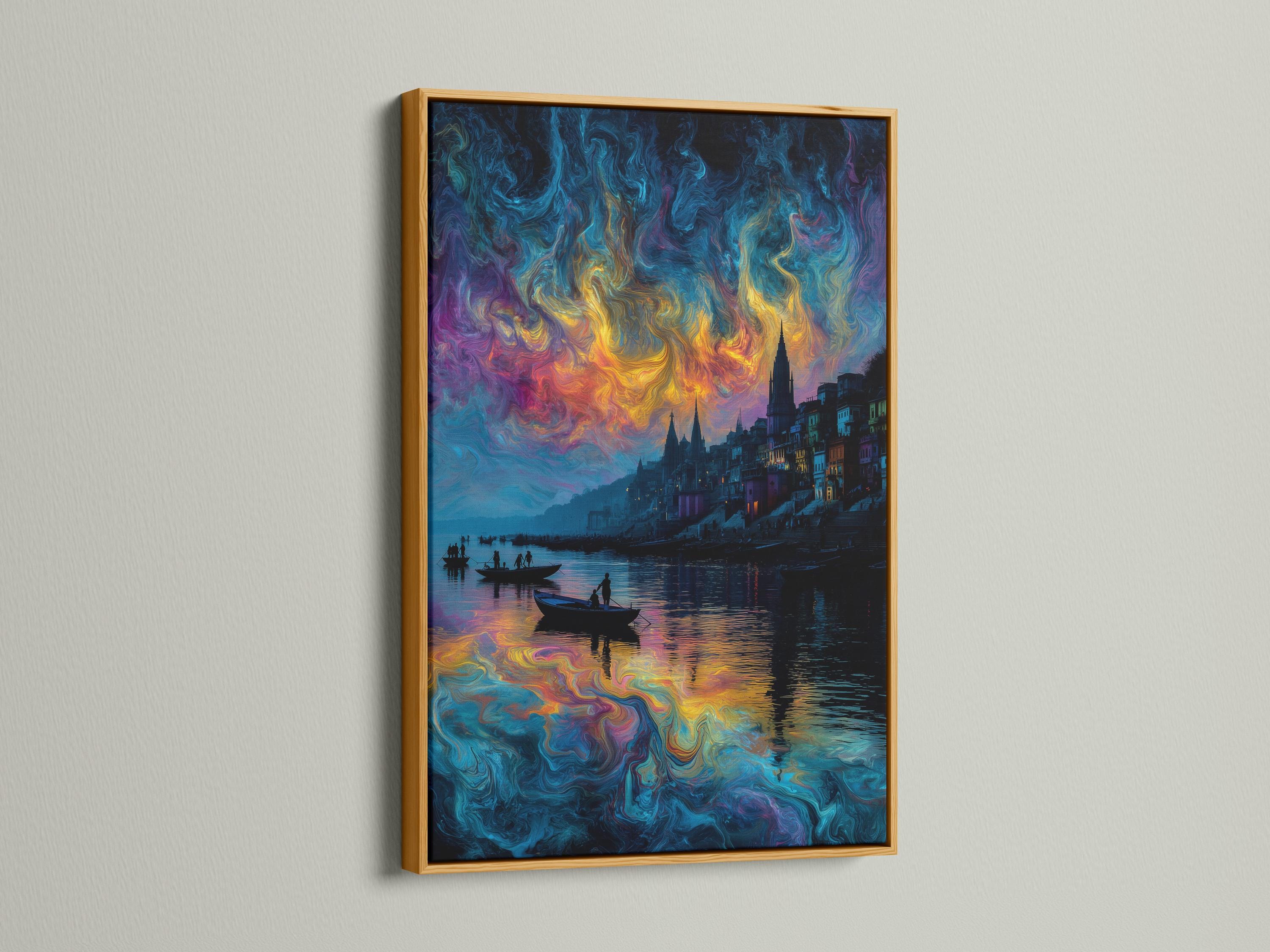 Swirling abstract city skyline with bright colours reflecting on the water and dark boats detail view