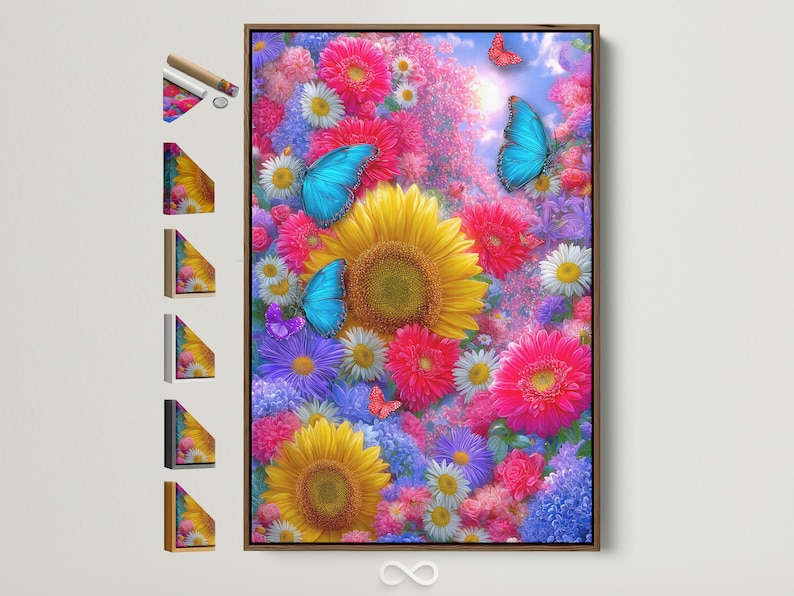 Colourful floral garden with sunflowers, daisies and blue butterflies against a pastel sky glow