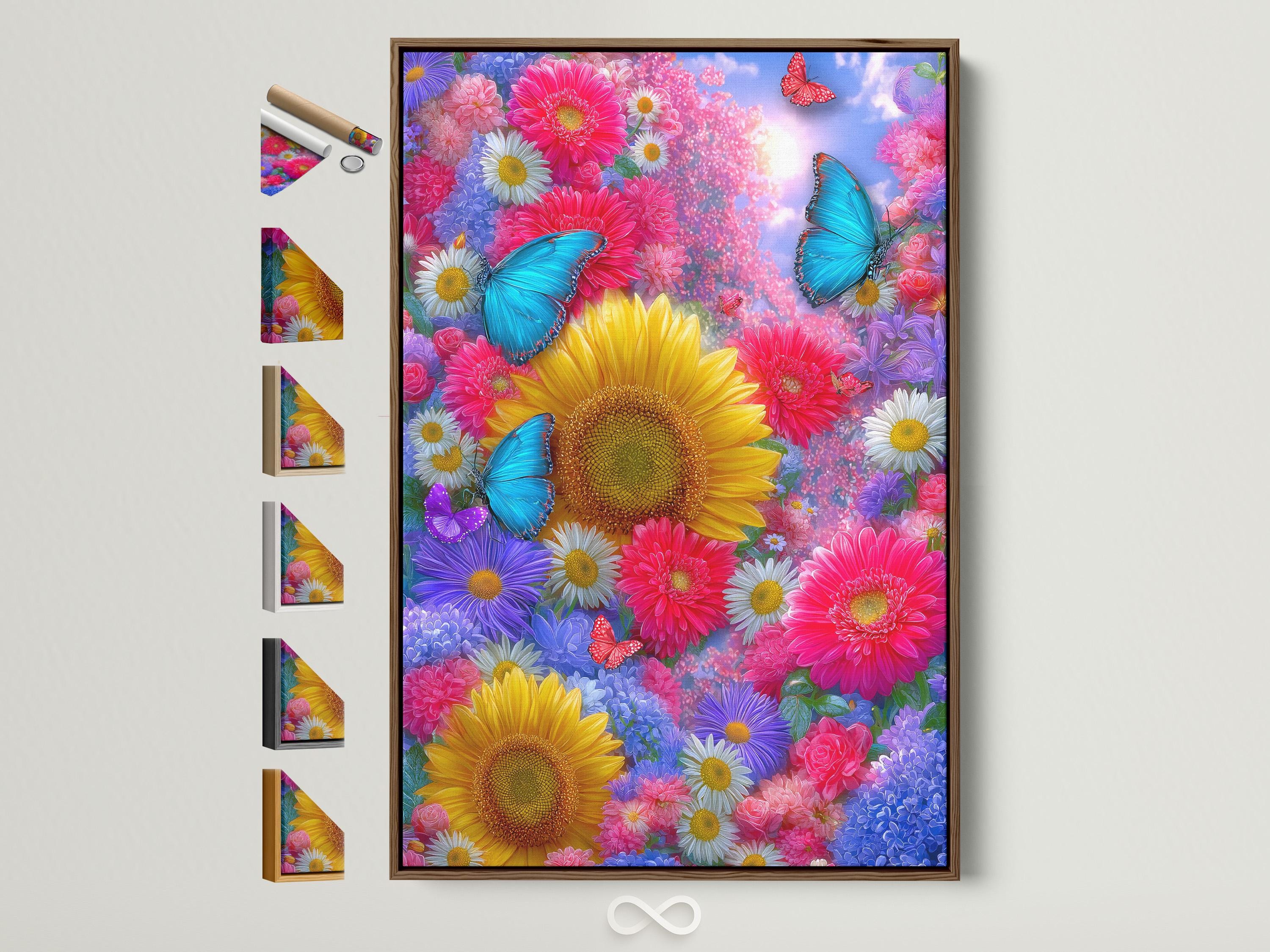 Colourful floral garden with sunflowers, daisies and blue butterflies against a pastel sky glow