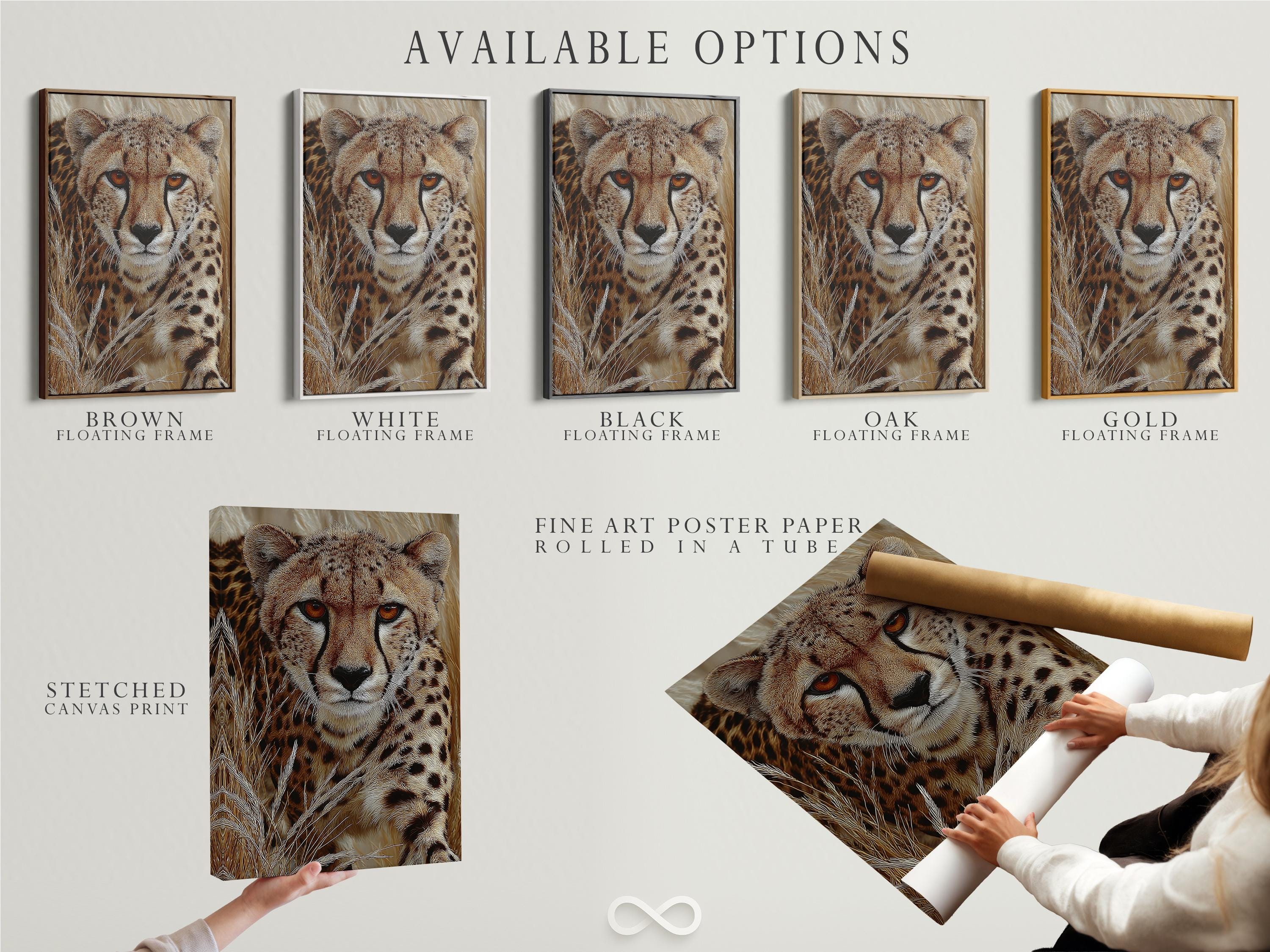 Textured cheetah portrait with amber eyes in warm brown and beige tones detail view