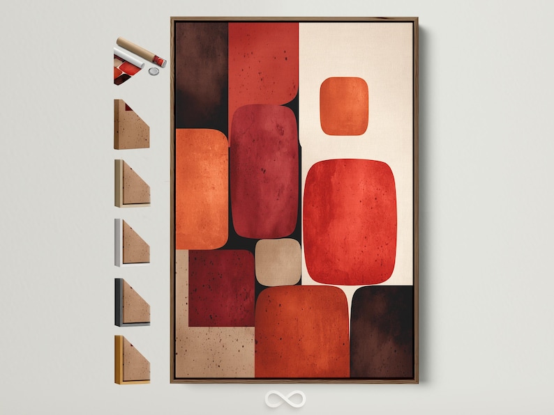 Abstract geometric artwork with rounded rectangles in burnt sienna, terracotta, deep red and cream