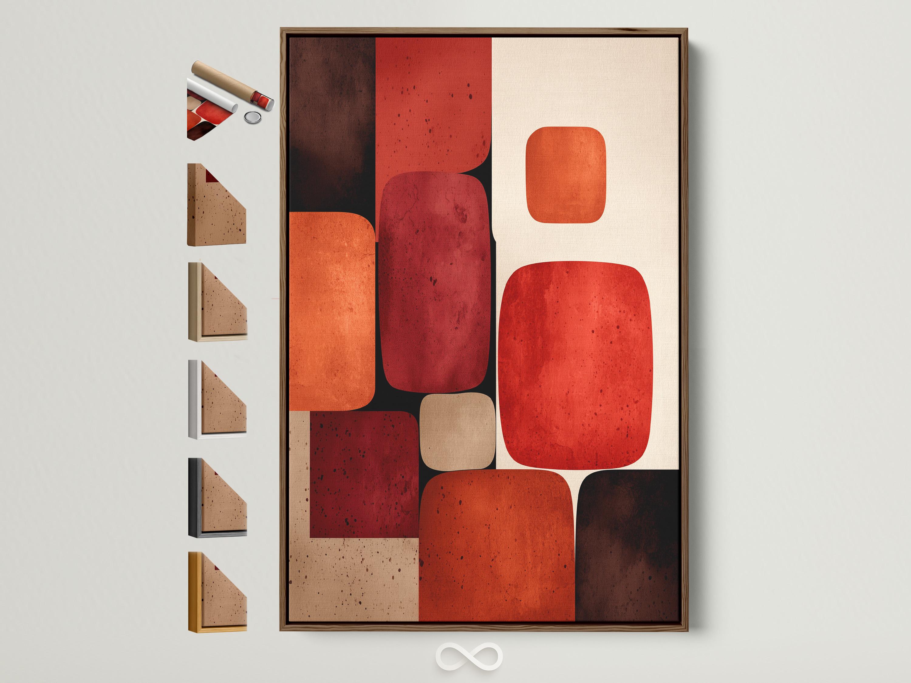 Abstract geometric artwork with rounded rectangles in burnt sienna, terracotta, deep red and cream