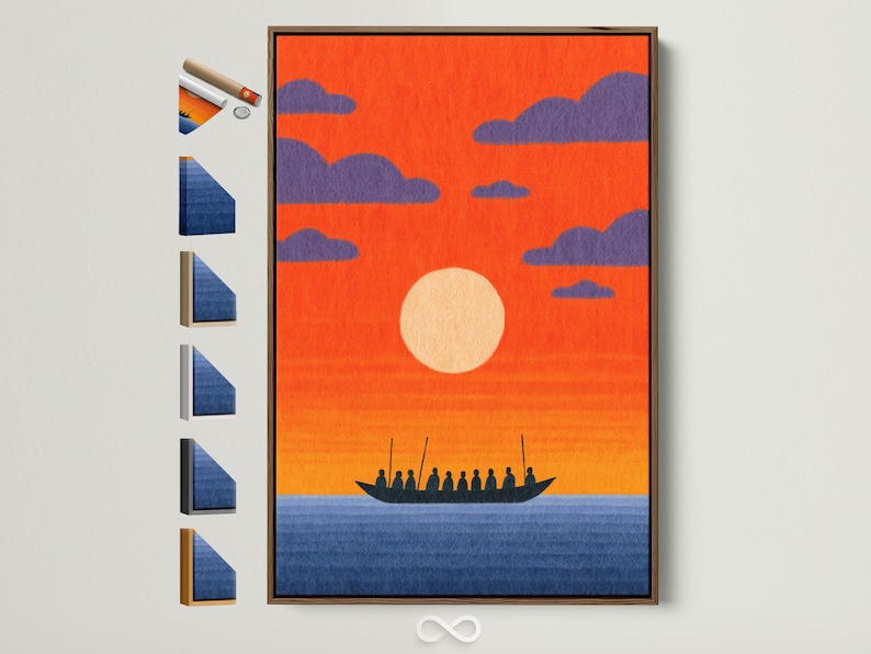 Dark boat silhouette with figures on blue waves beneath an orange sunset sky and purple clouds