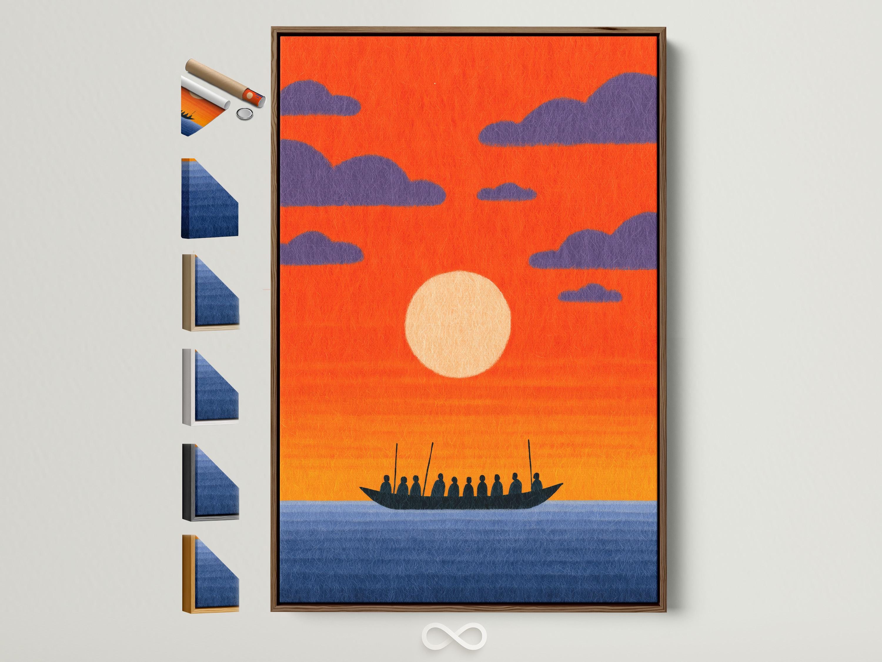 Dark boat silhouette with figures on blue waves beneath an orange sunset sky and purple clouds
