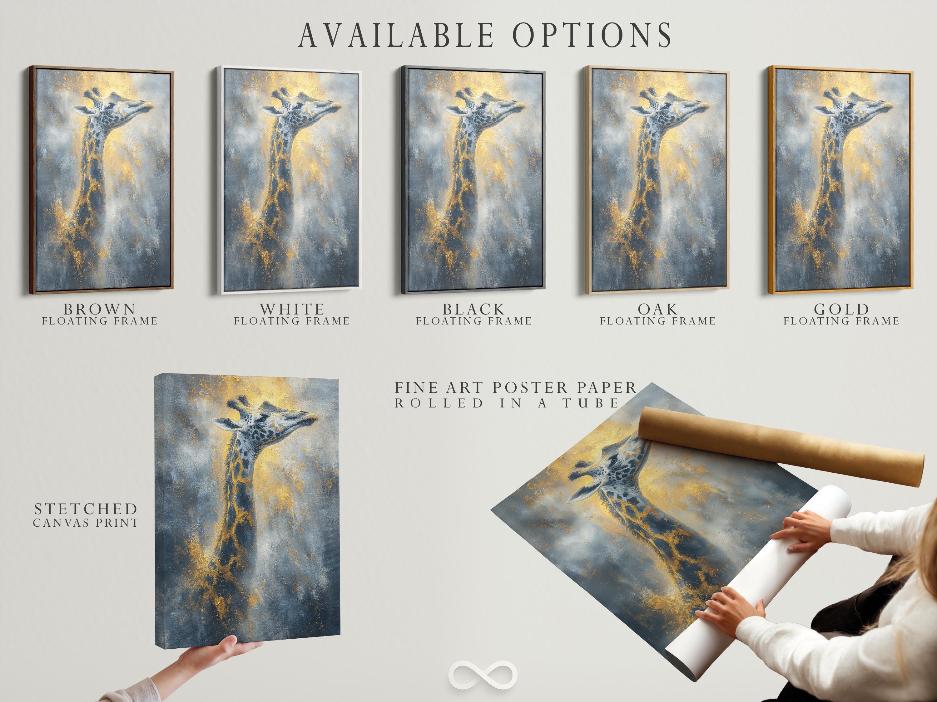 Stylised giraffe portrait in blue and grey with warm gold highlights and speckled texture detail view