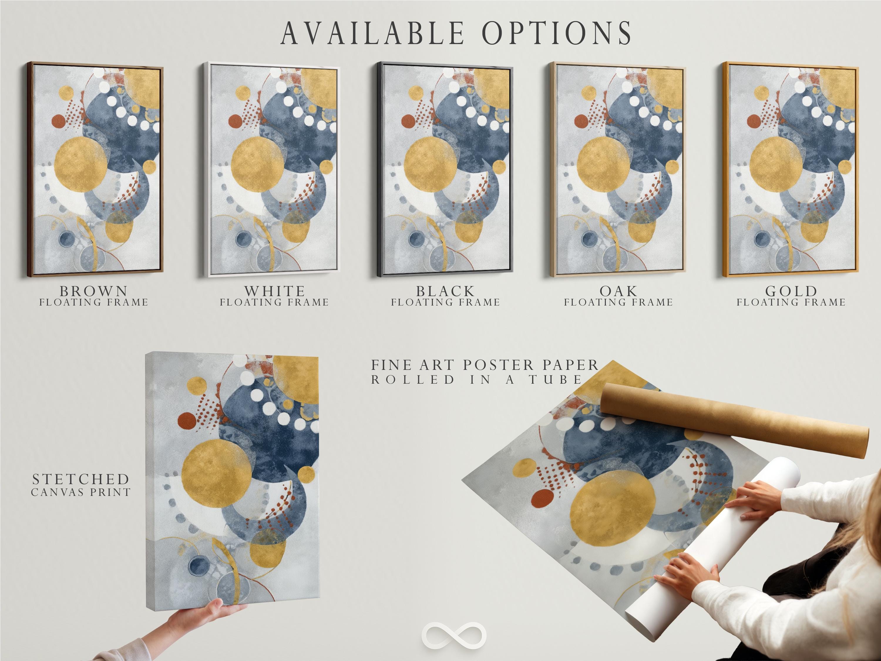 Abstract navy blue and mustard gold circle artwork shown in a framed mockup on a light background