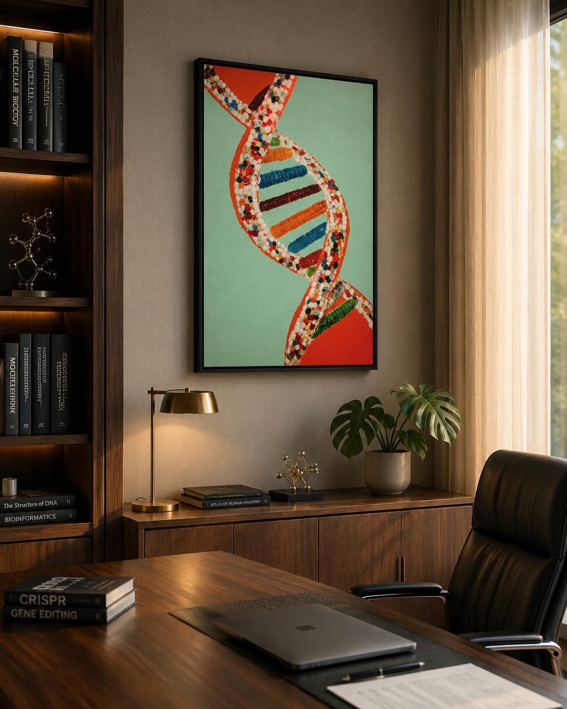 A researcher in a white lab coat stands next to a framed DNA double helix artwork