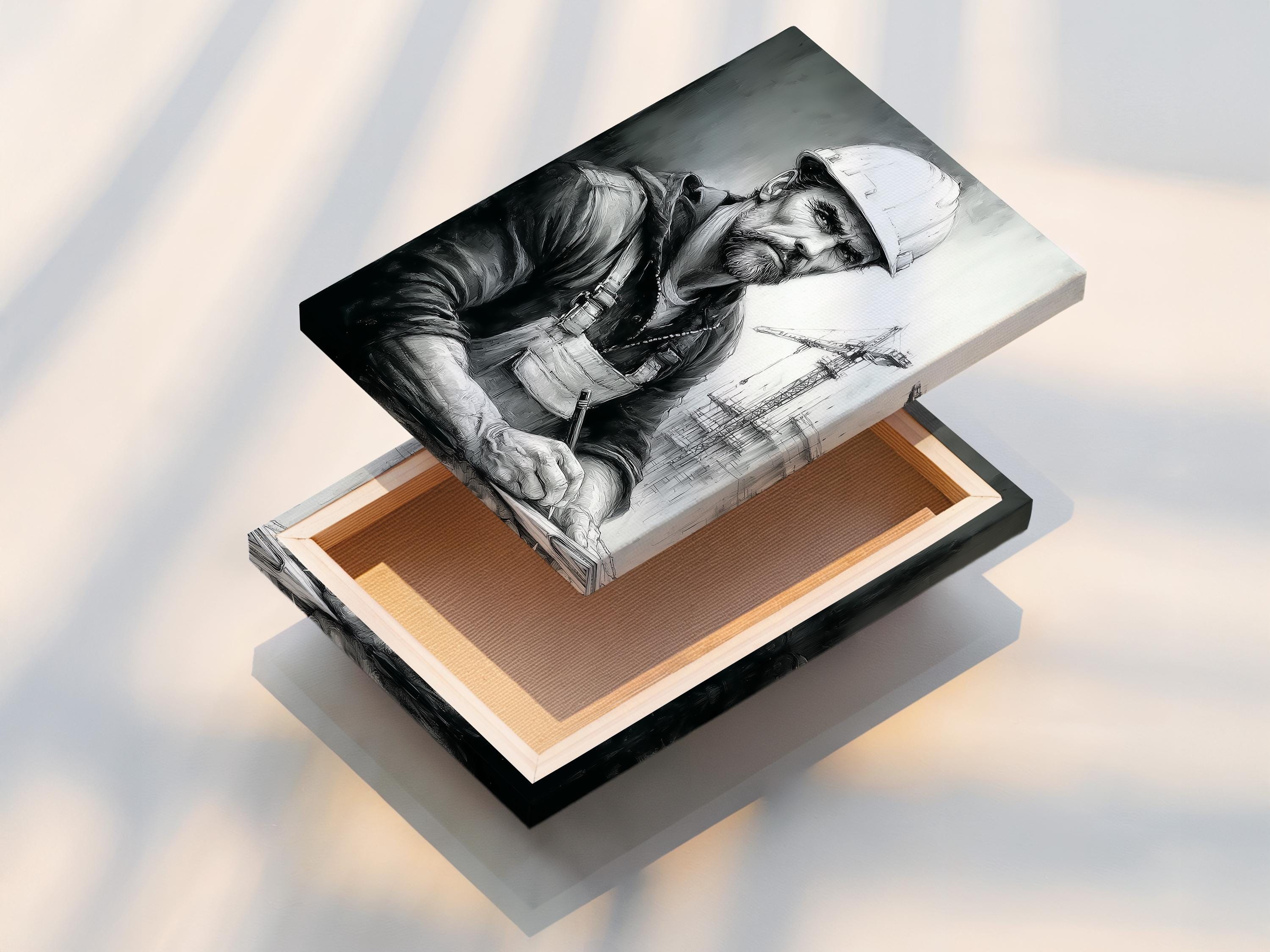 A wall mockup showing framed portrait options next to a monochrome construction worker artwork