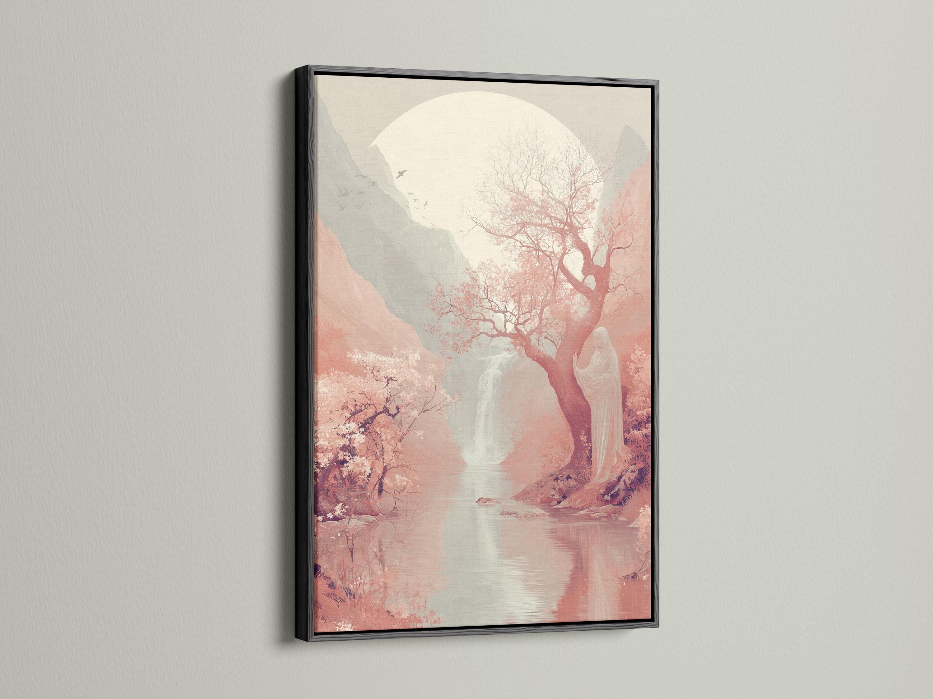 Framed moonlit landscape artwork with a blossom tree, misty mountains and reflective water detail view