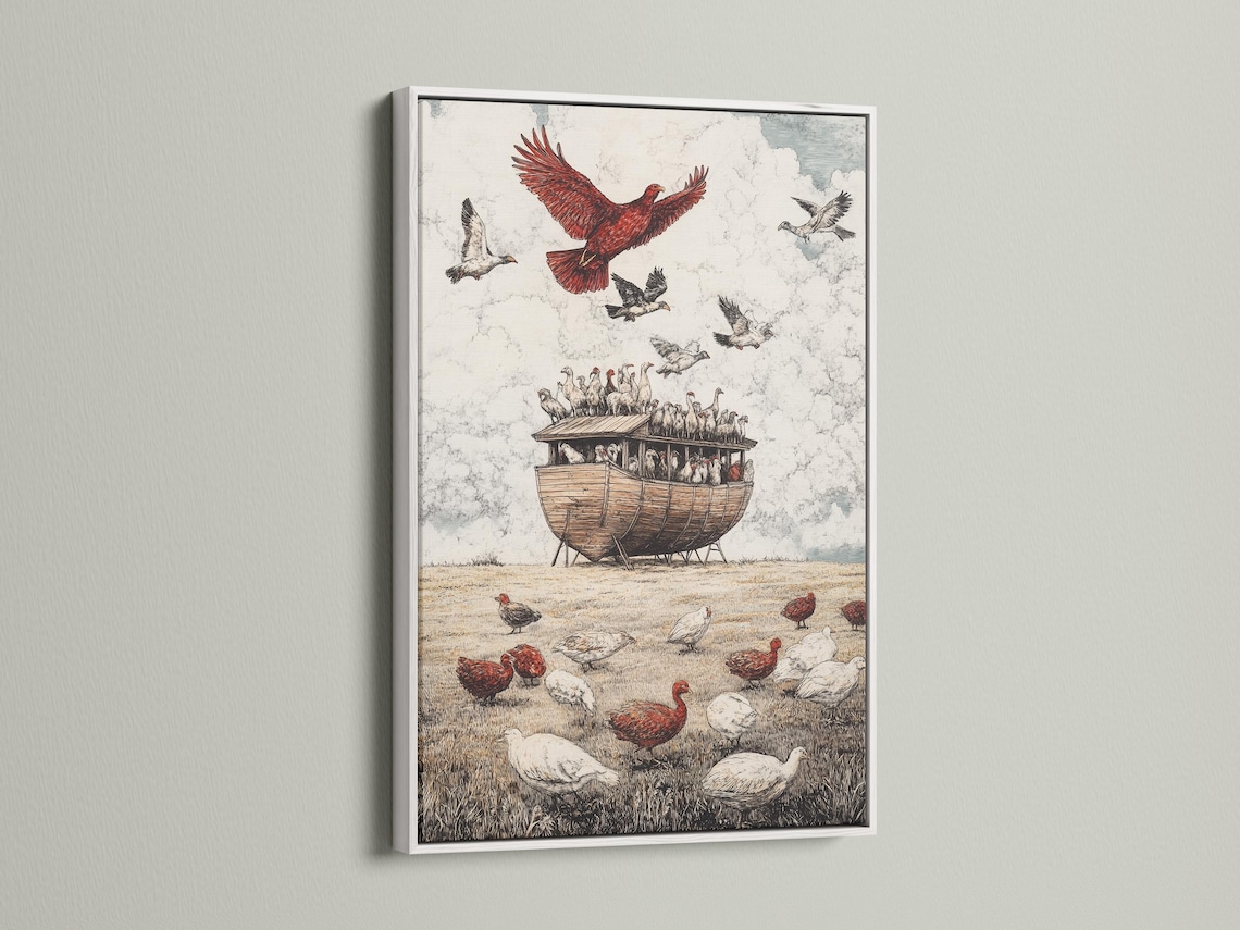 Vintage illustration of a red-feathered bird of prey flying above a wooden ark full of birds and grass detail view