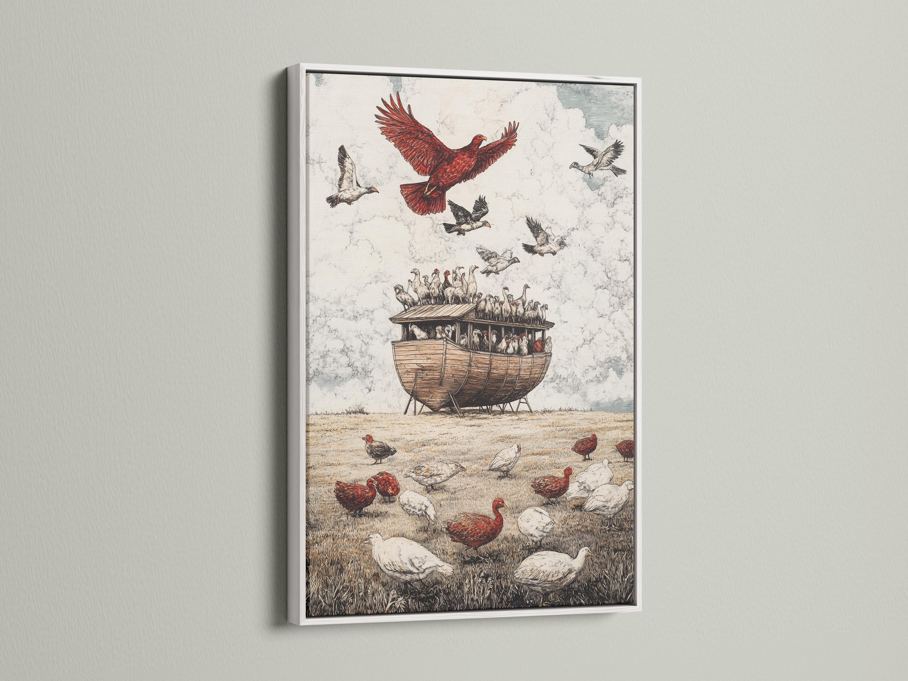 Vintage illustration of a red-feathered bird of prey flying above a wooden ark full of birds and grass detail view