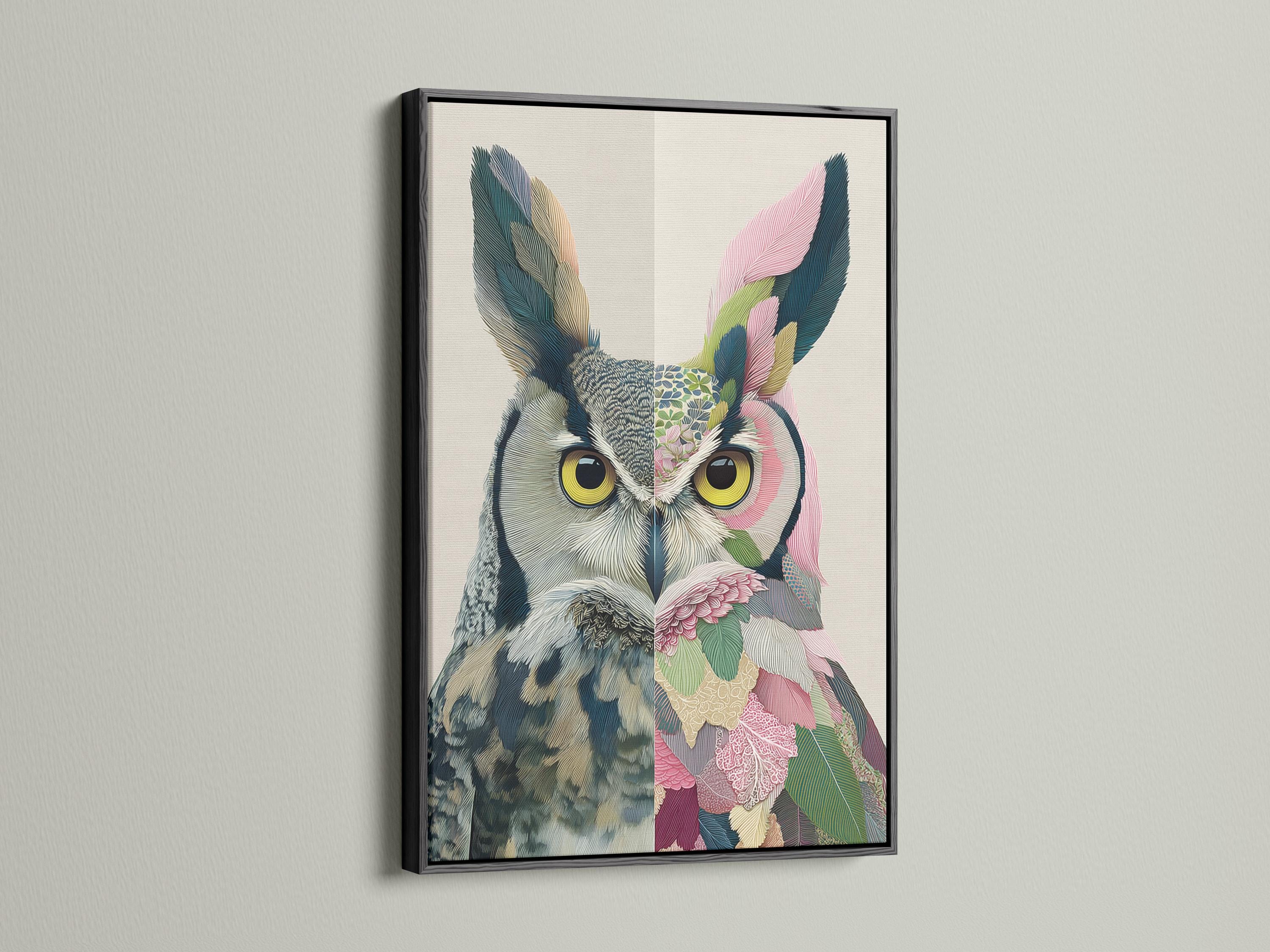 Split owl portrait with yellow eyes, fanned wings and pink flower plus green leaf details detail view