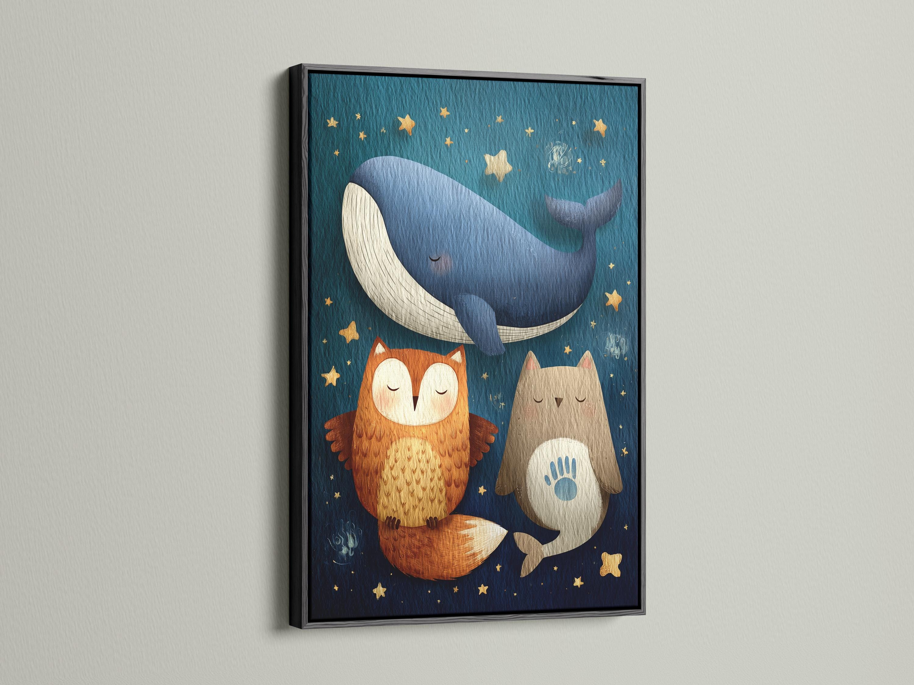 Navy blue animal illustration featuring a large whale, owl-like character, and starry gold accents detail view