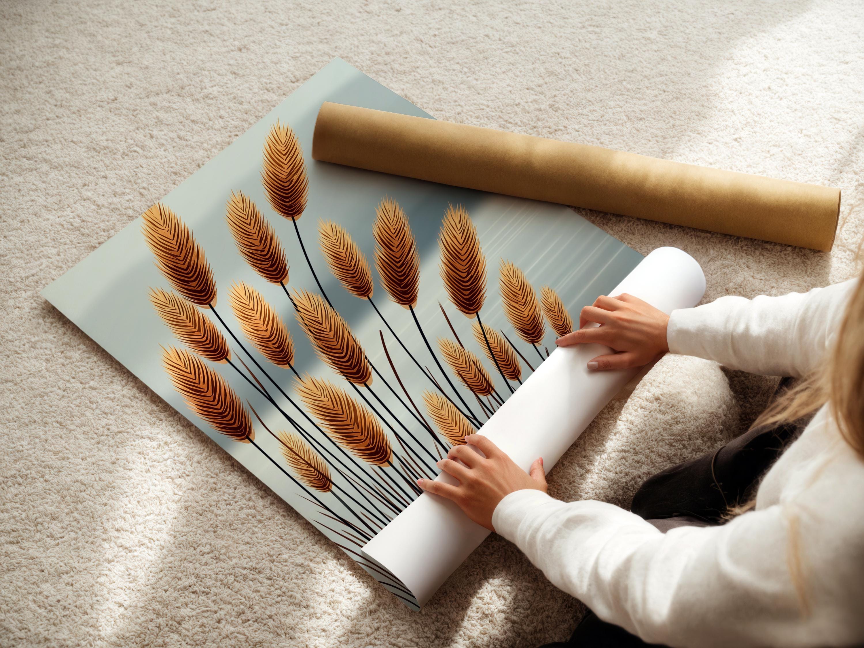 A decorative scene of tall golden wheat plumes with dark stems rises against a pale blue sky-like background with soft horizon shading detail view